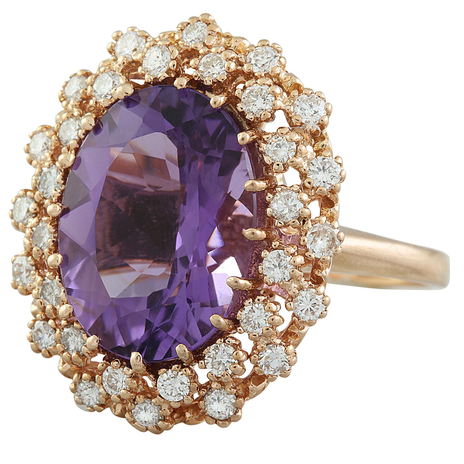 Women's Natural Amethyst 14 Karat Solid Rose Gold Diamond Ring For Sale