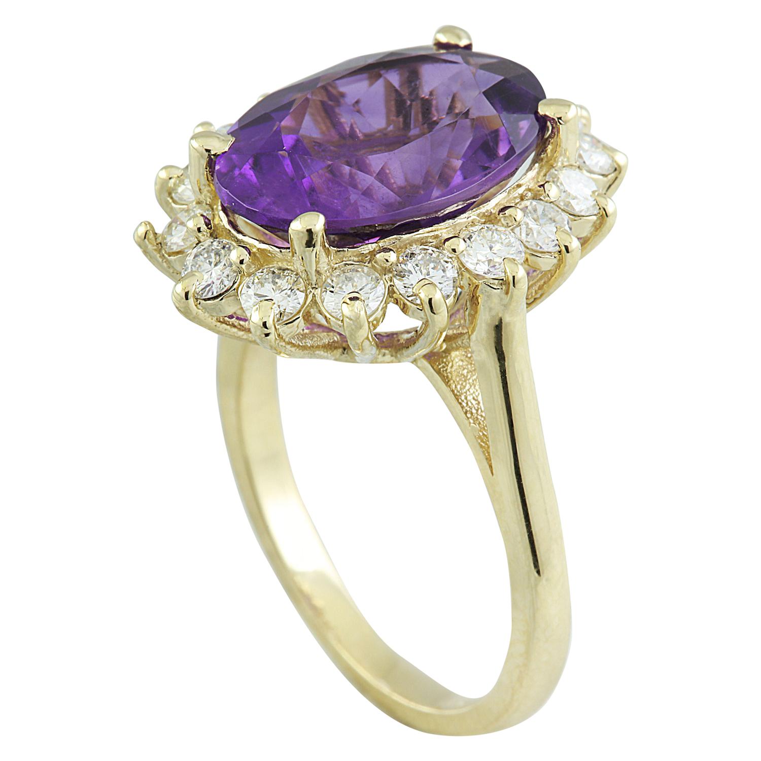 7.26 Carat Natural Amethyst 14 Karat Solid Yellow Gold Diamond Ring
Stamped: 14K 
Total Ring Weight: 6 Grams 
Amethyst Weight: 6.11 Carat (14.00x10.00 Millimeters) 
Diamond Weight: 1.15 Carat (F-G Color, VS2-SI1 Clarity )
Face Measures: 19.05x16.80