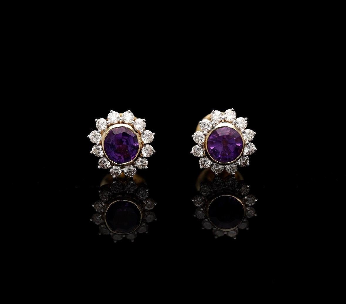 Taille mixte Boucle d'oreille en or 18k améthyste naturelle 1.40cts & diamant.60 cts en vente