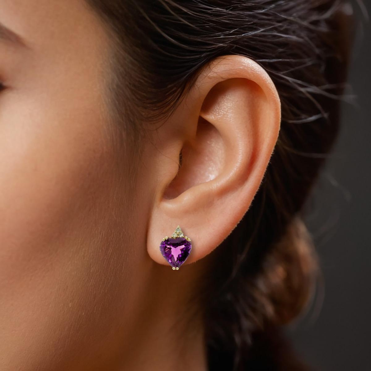 Natürliche lila Amethyststeine 7,68 Karat in Gelbgold Ohrringe mit Diamanten Damen im Angebot