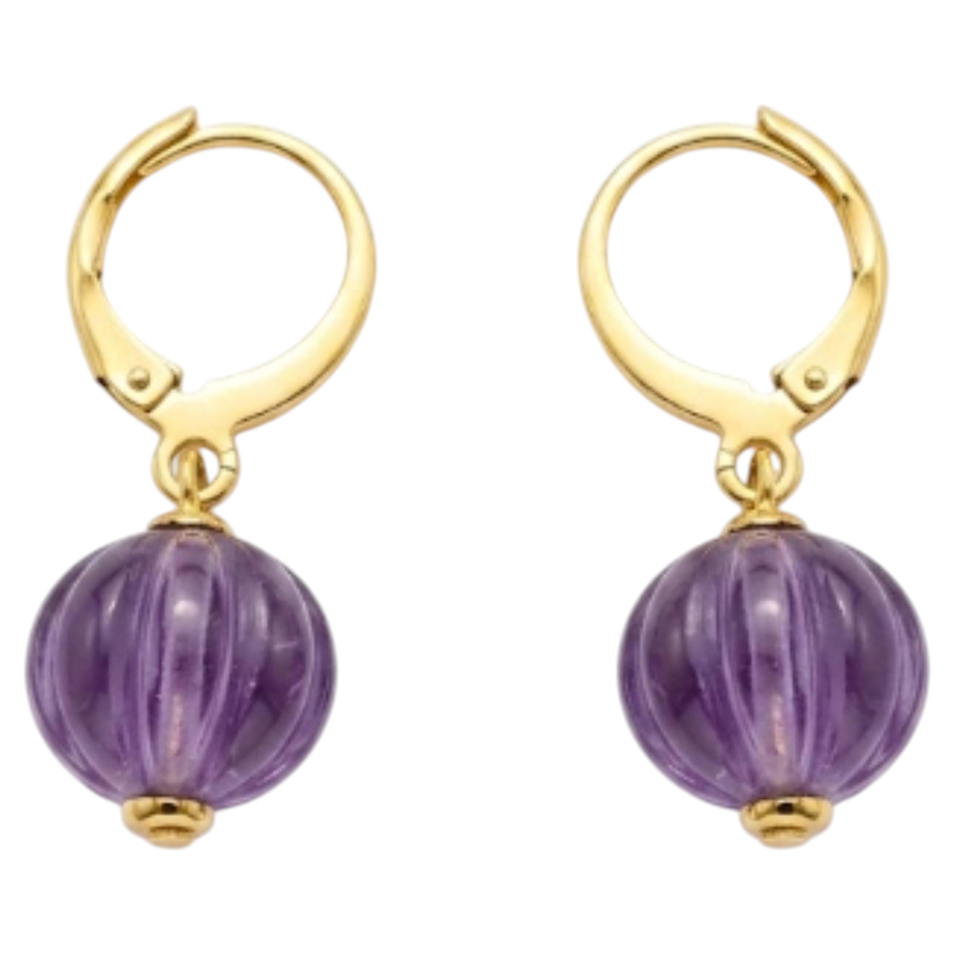 Natural Amethyst 8.45cts & Emerald 0.10cts Earring in 14k Gold For Sale