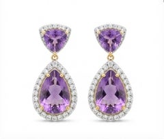Designer 14K Gold Amethyst 8.68ct & Diamond 1.71ct Stud Earrings