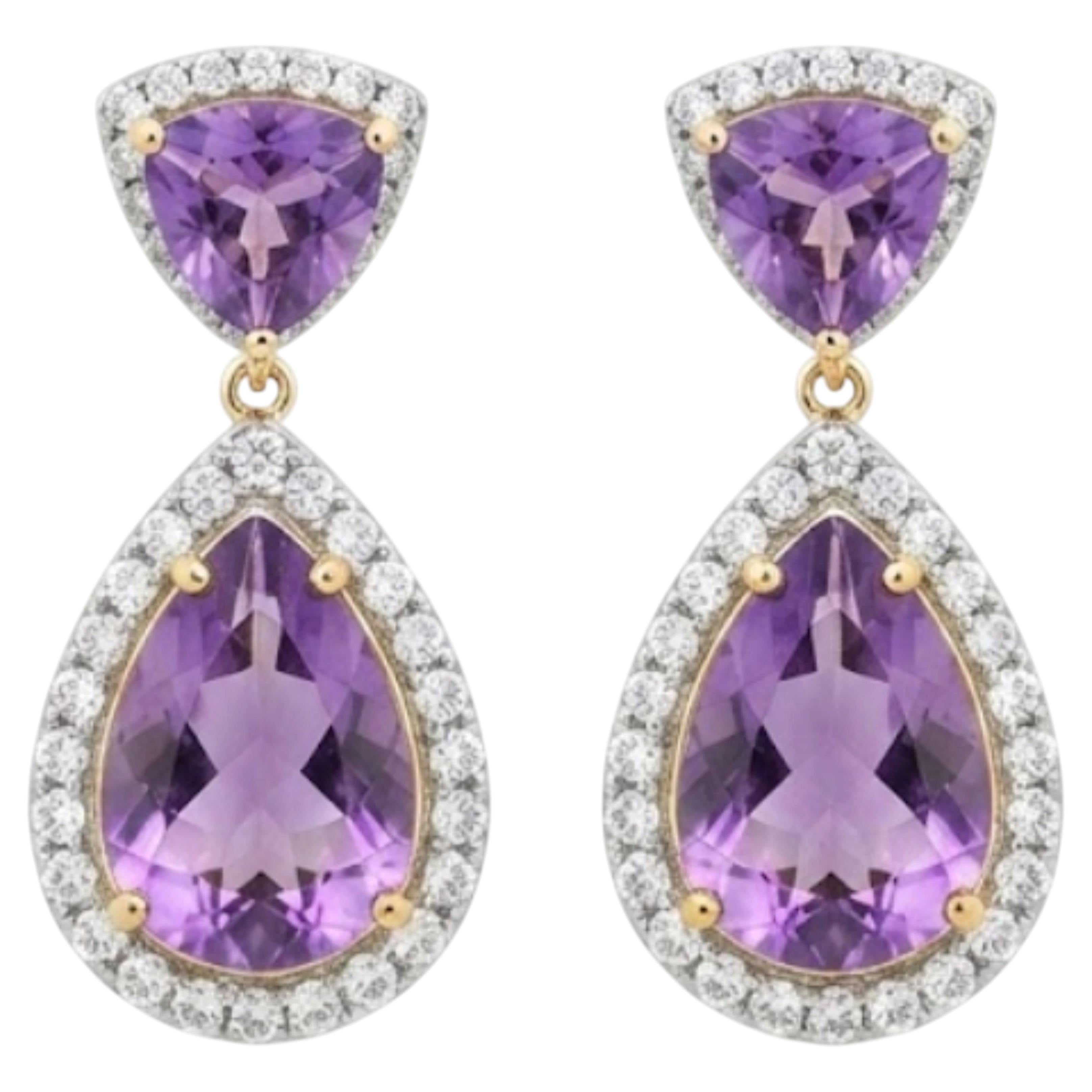 Designer 14K Gold Amethyst 8.68ct & Diamond 1.71ct Stud Earrings For Sale