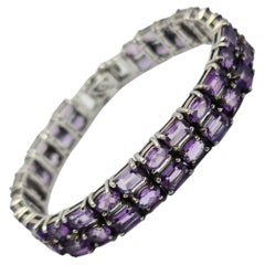 Natural Amethyst 925 Sterling Silver Rhodium Plate Wide Tennis Bracelet