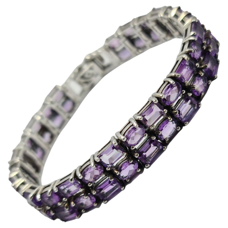 Natural Amethyst 925 Sterling Silver Rhodium Plate Wide Tennis Bracelet For Sale at 1stDibs