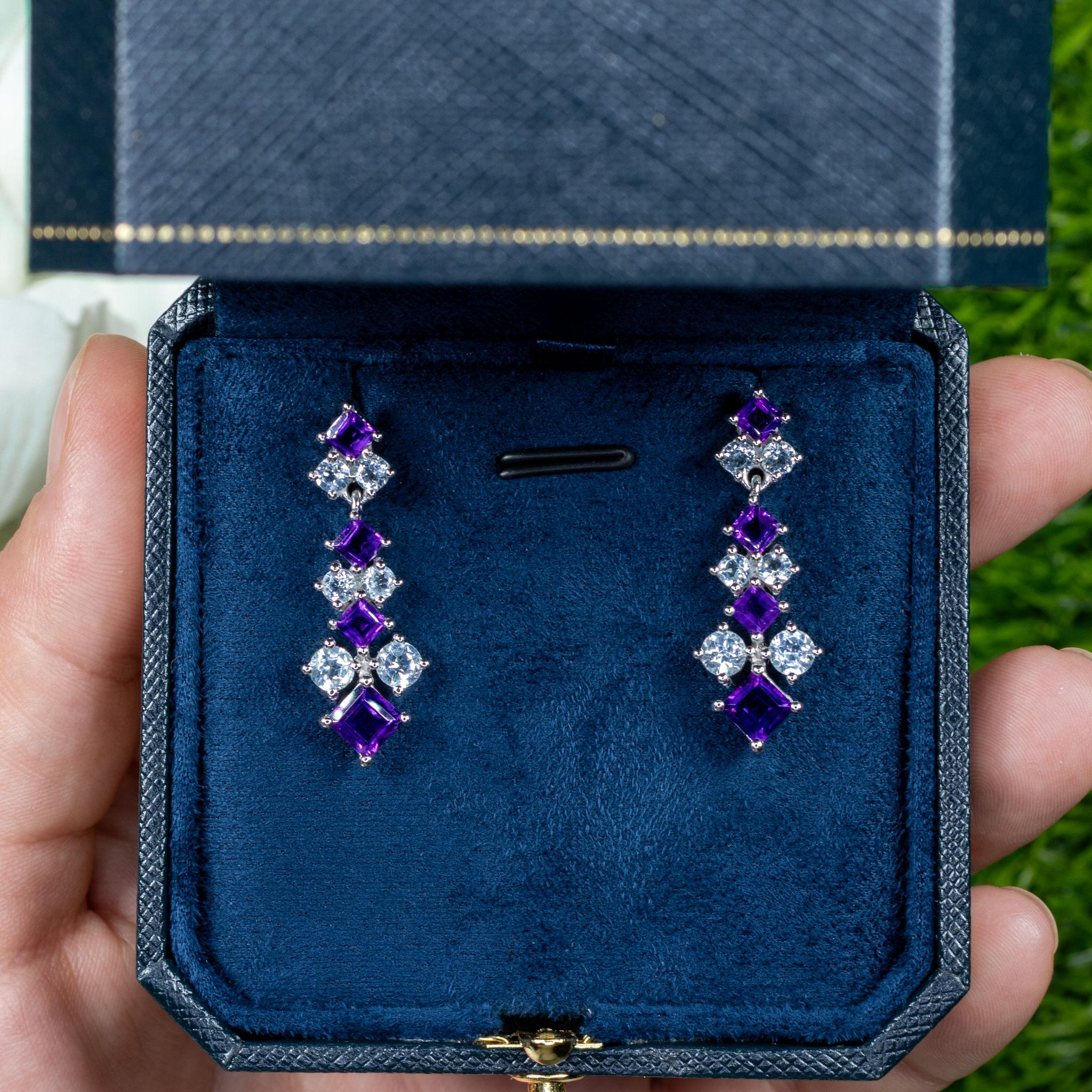 Women's Natural Amethyst and Blue Topaz Chandelier Earrings 5 Carats For Sale