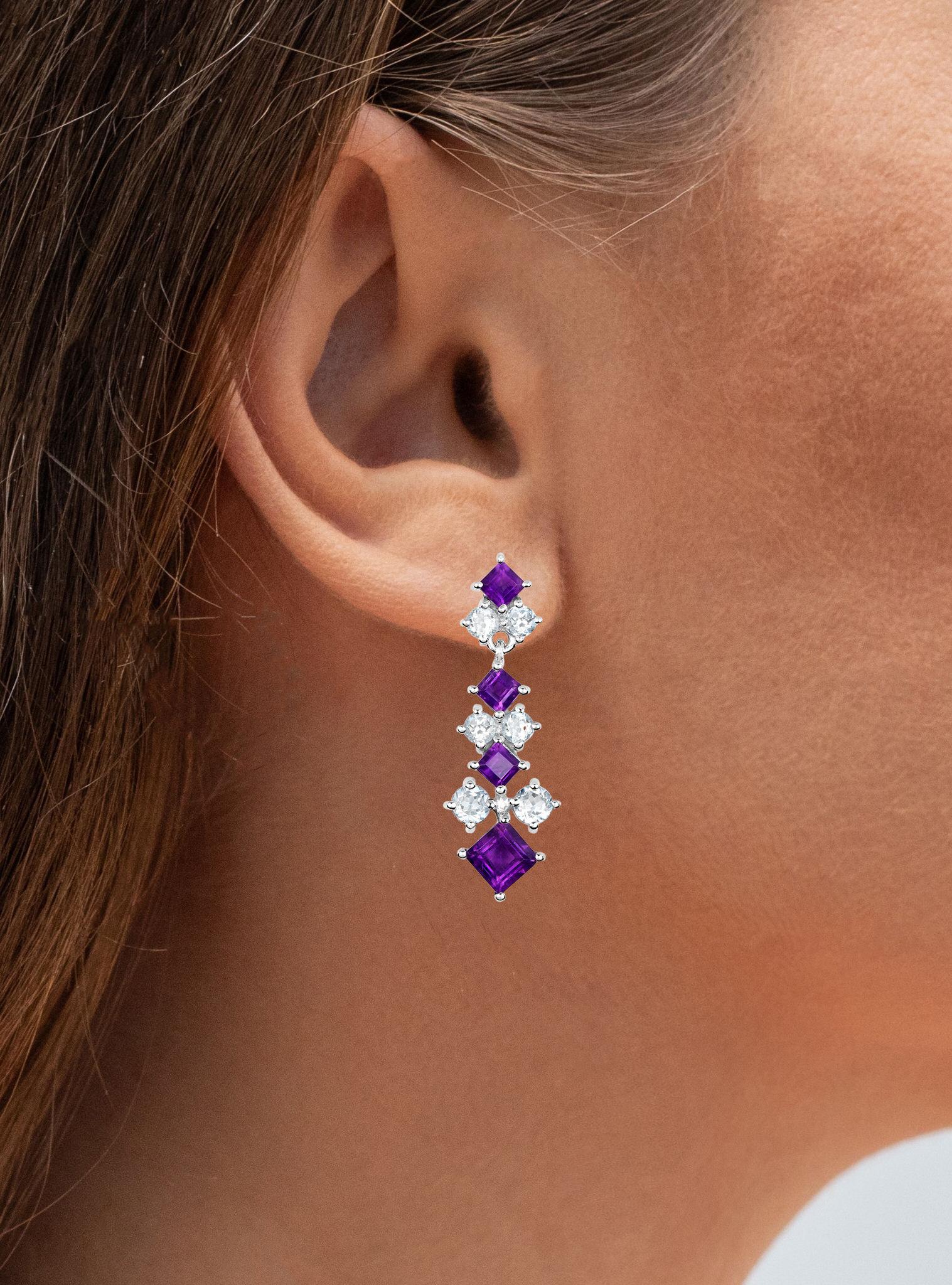 Contemporary Natural Amethyst and Blue Topaz Chandelier Earrings 5 Carats For Sale