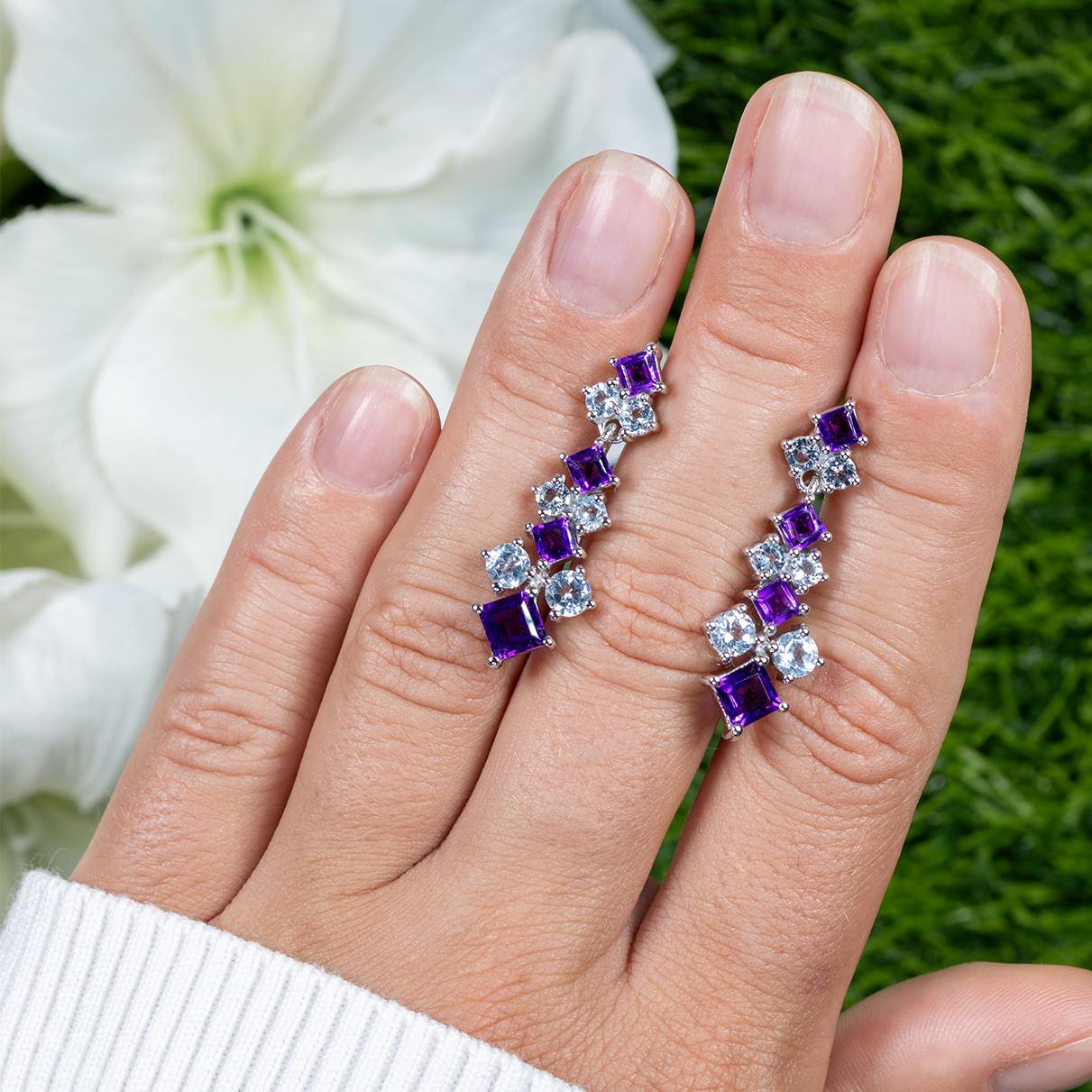 Contemporary Natural Amethyst and Blue Topaz Chandelier Earrings 5 Carats For Sale