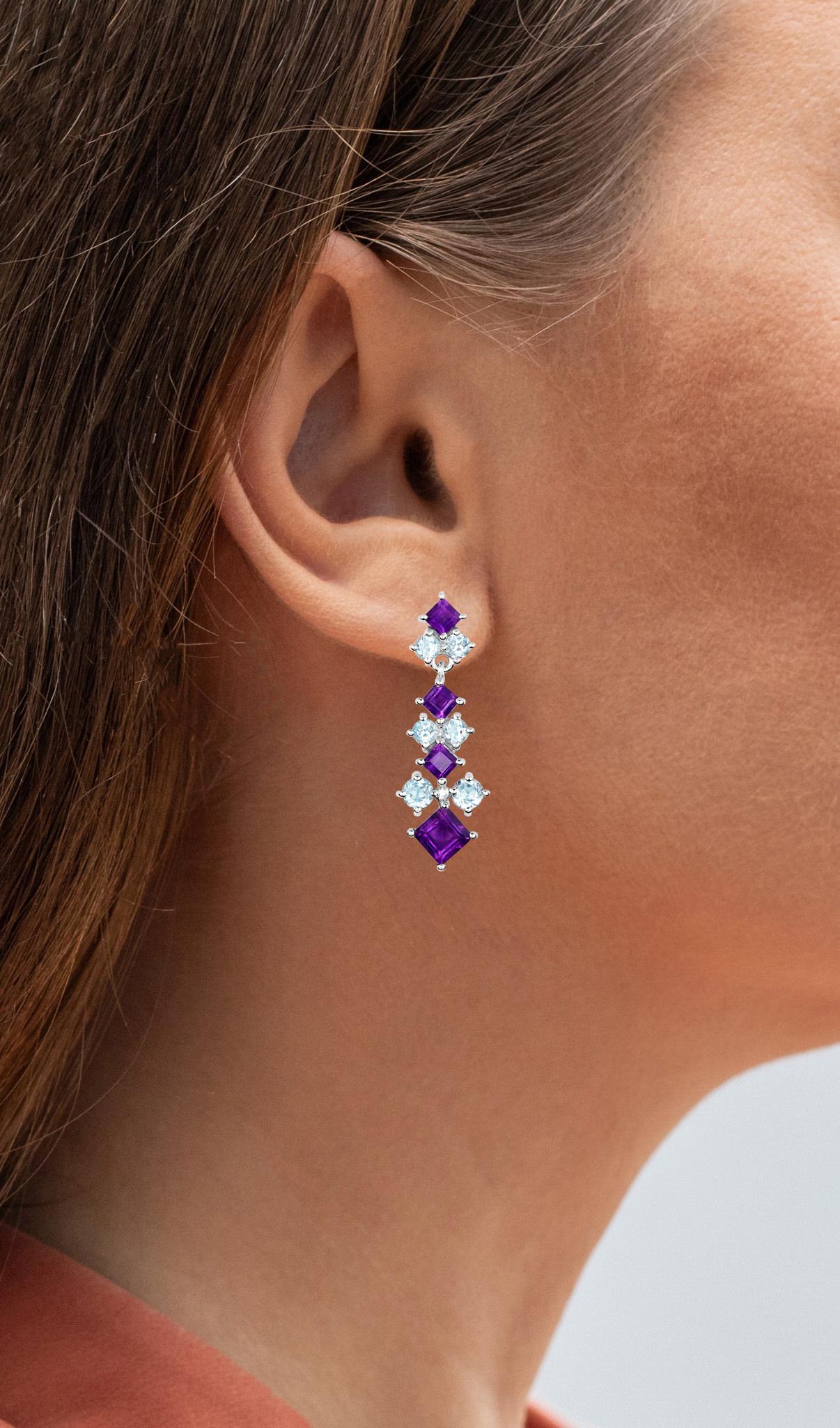 Mixed Cut Natural Amethyst and Blue Topaz Chandelier Earrings 5 Carats For Sale