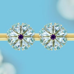 Natural Amethyst and Blue Topaz Floral Cluster Stud Earrings, 14K Gold