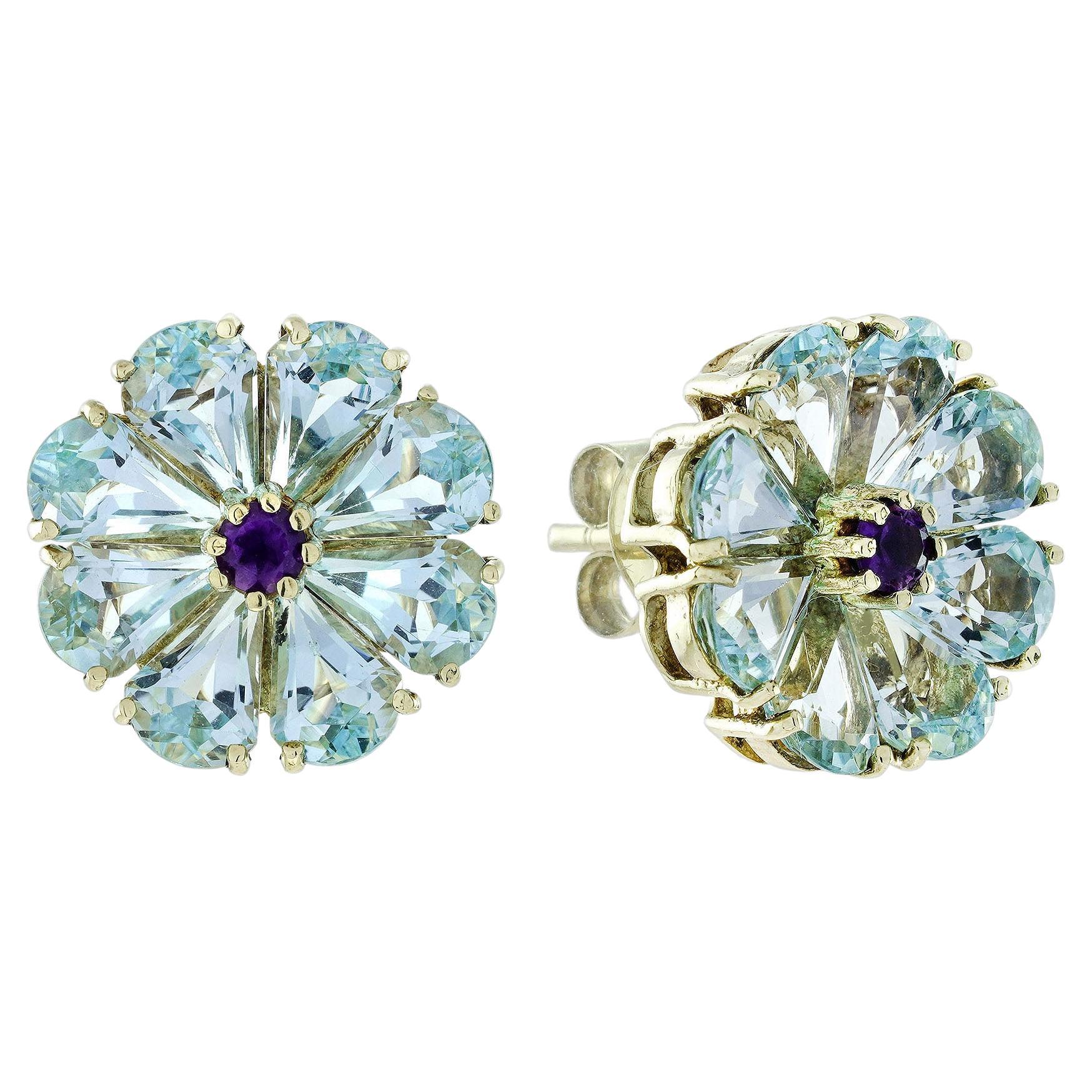 Natural Amethyst and Blue Topaz Floral Cluster Stud Earrings, 14K Gold For Sale