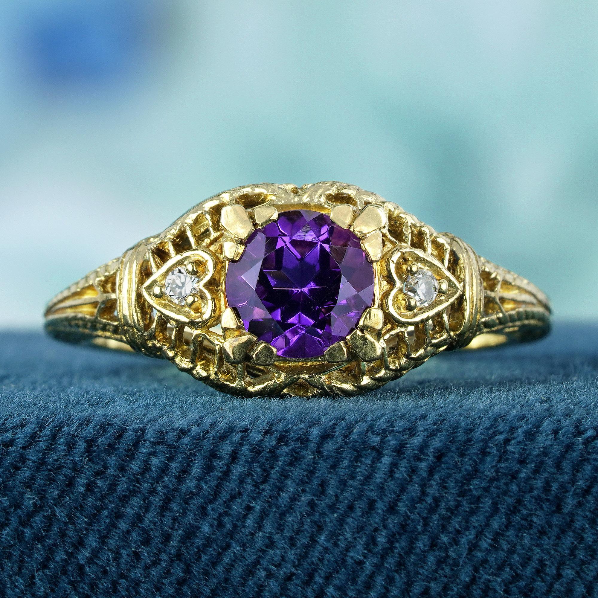 Edwardian Natural Amethyst and Diamond Vintage Style Filigree Ring in Solid 9K Yellow Gold For Sale