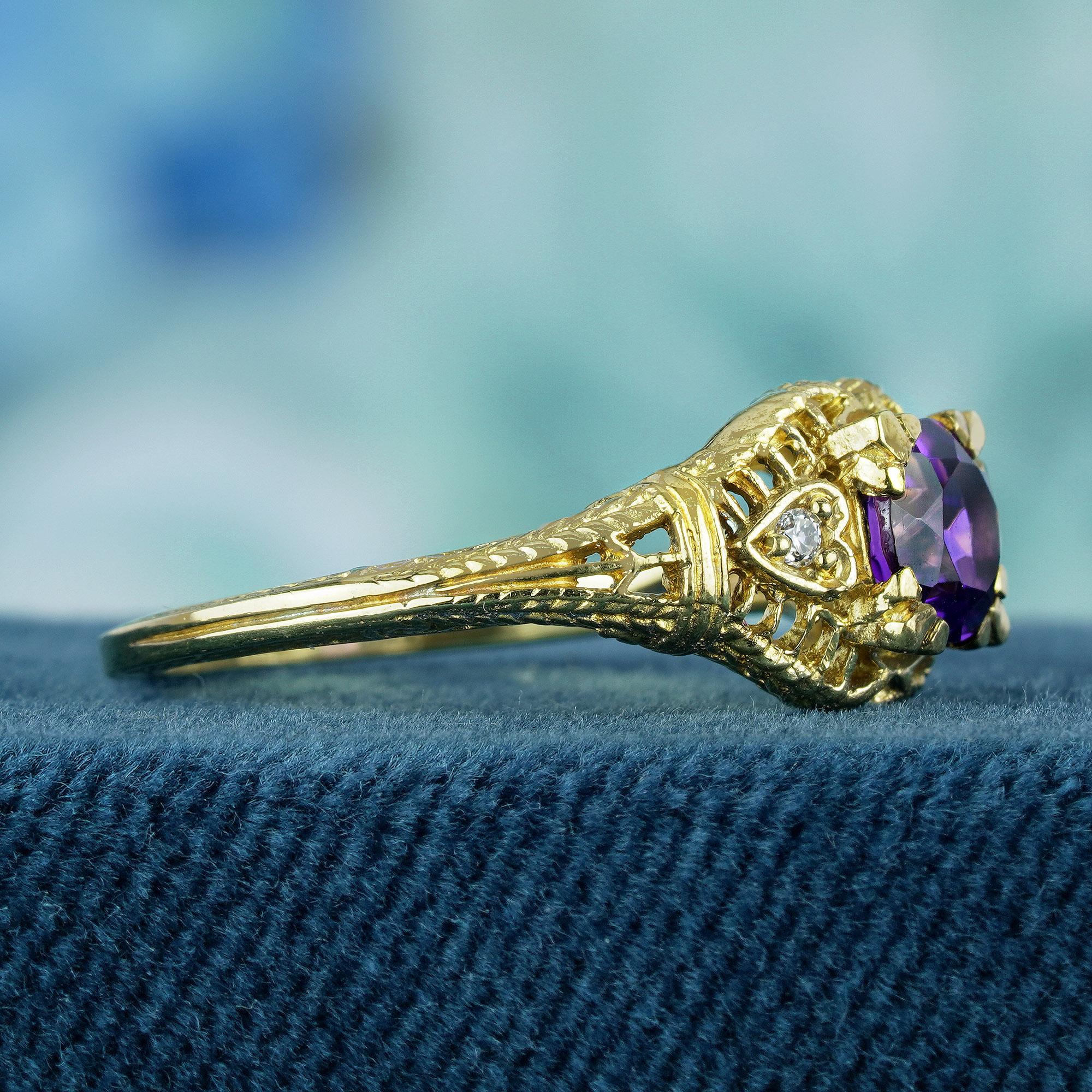 Round Cut Natural Amethyst and Diamond Vintage Style Filigree Ring in Solid 9K Yellow Gold For Sale