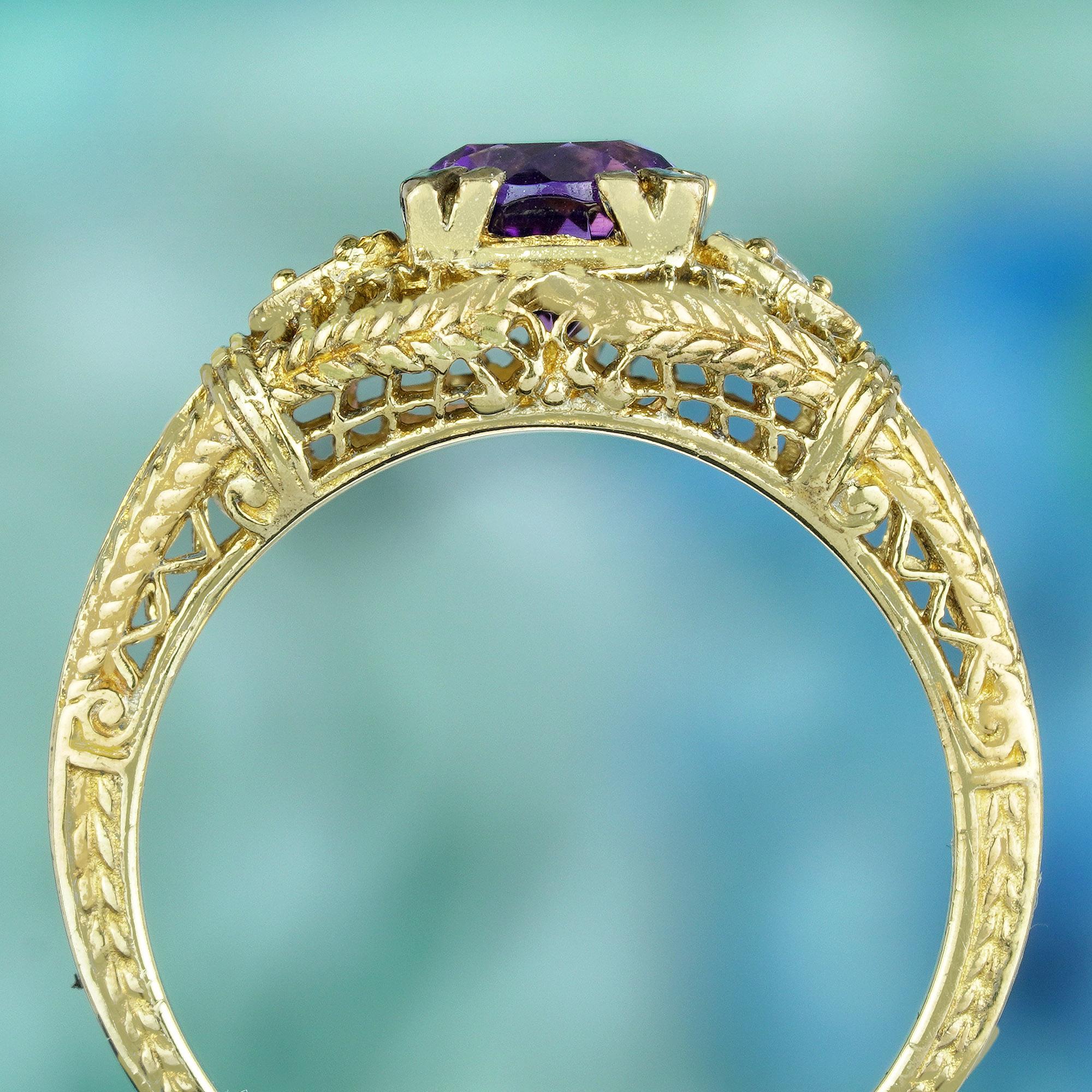 Filigraner Ring aus massivem 9 Karat Gelbgold mit natürlichem Amethyst und Diamant im Vintage-Stil im Zustand „Neu“ im Angebot in Bangkok, TH