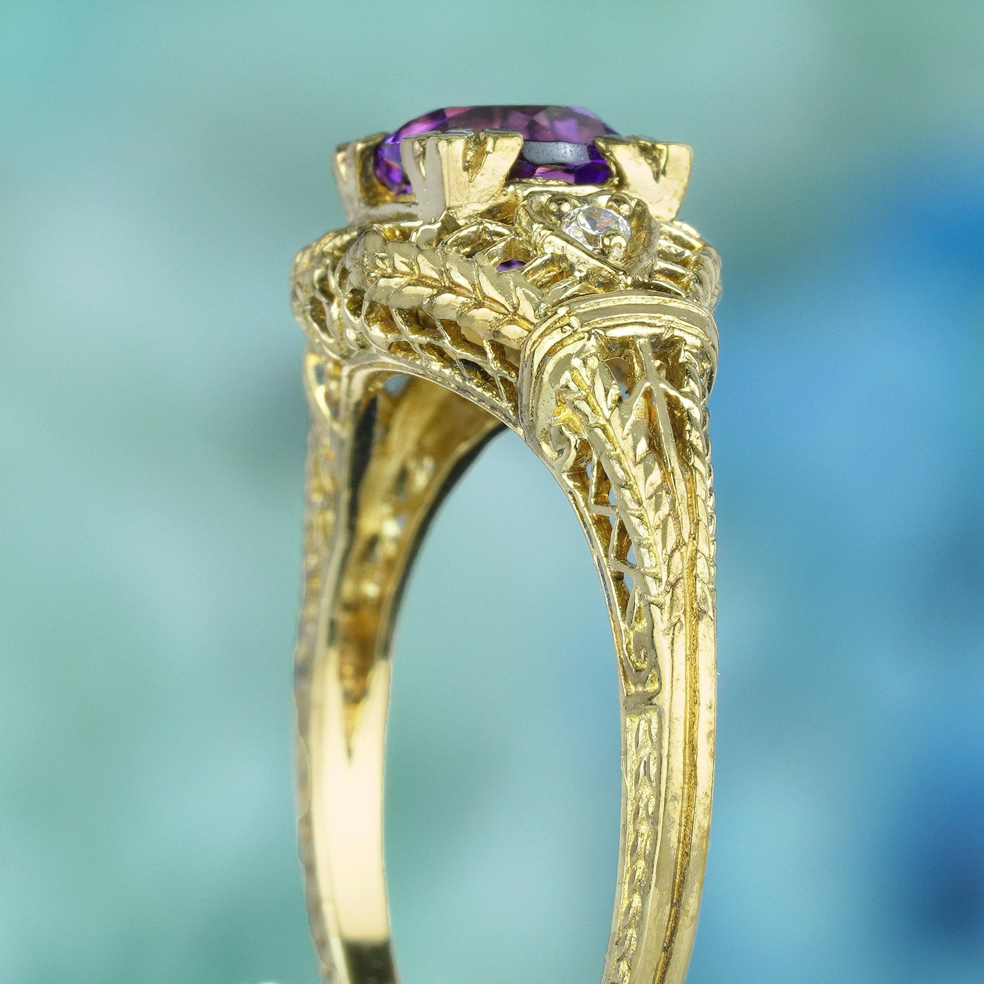 Filigraner Ring aus massivem 9 Karat Gelbgold mit natürlichem Amethyst und Diamant im Vintage-Stil Damen im Angebot