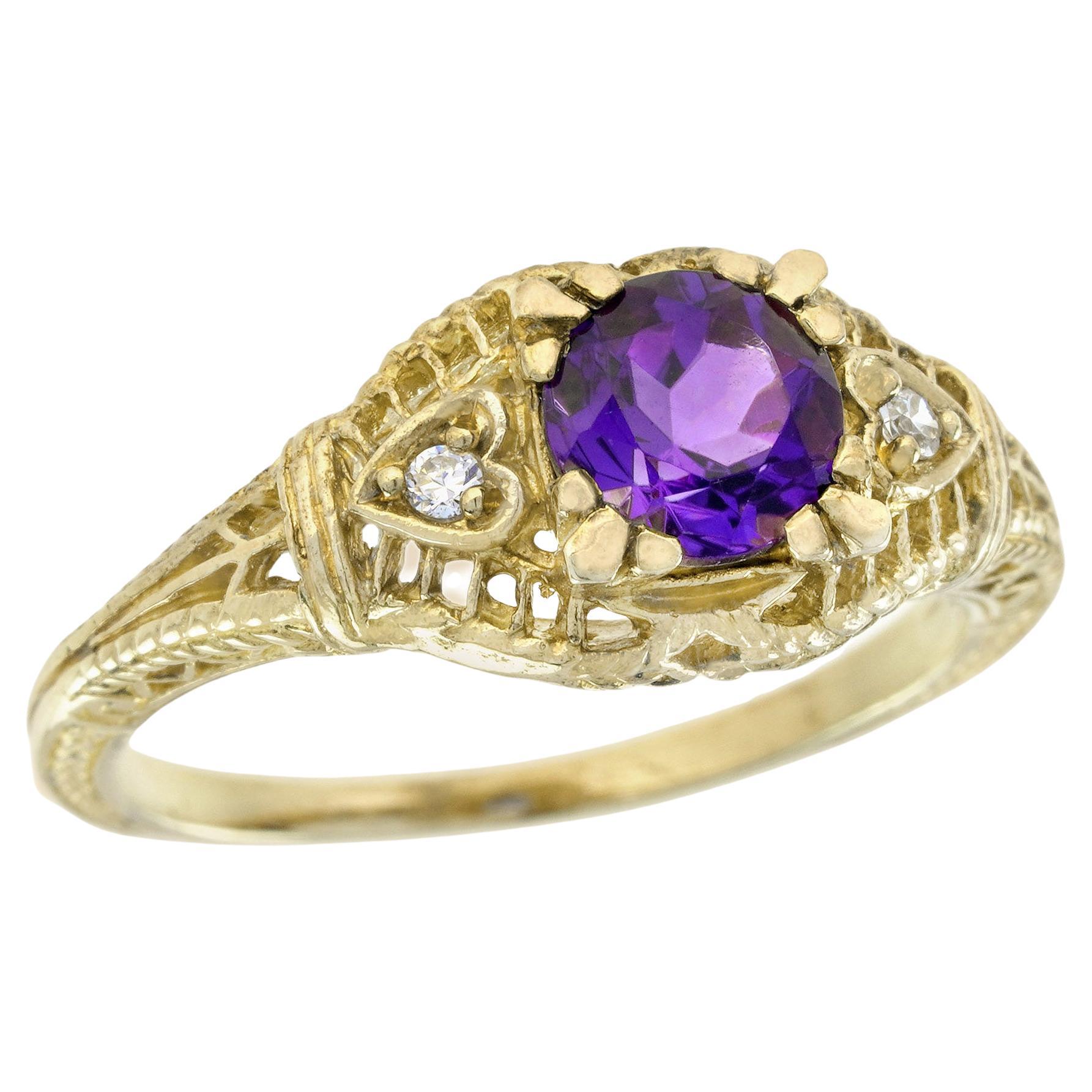 Natural Amethyst and Diamond Vintage Style Filigree Ring in Solid 9K Yellow Gold For Sale