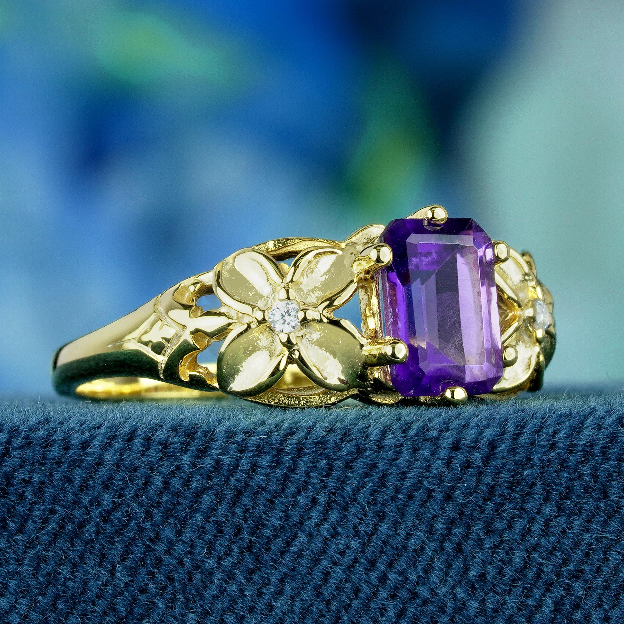 Discover the enchantment of our amethyst and diamond vintage style floral ring, meticulously crafted in yellow gold. Its elaborate floral pattern and sparkling diamonds promise to enchant, while the vivid purple emerald cut amethyst in prong setting