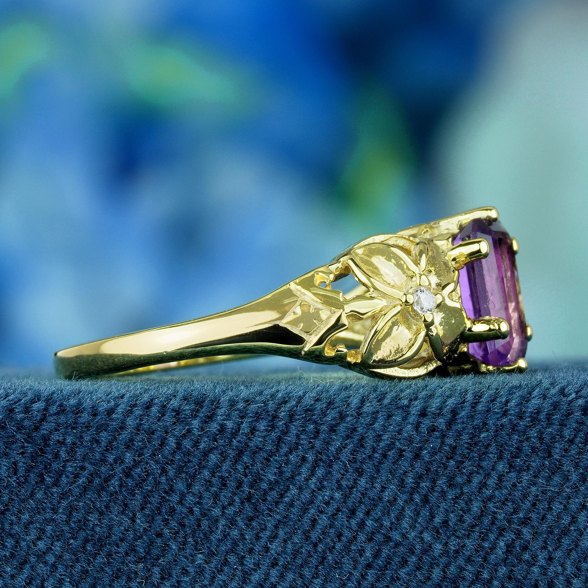 Emerald Cut Natural Amethyst and Diamond Vintage Style Floral  Ring in Solid 9K Yellow Gold For Sale