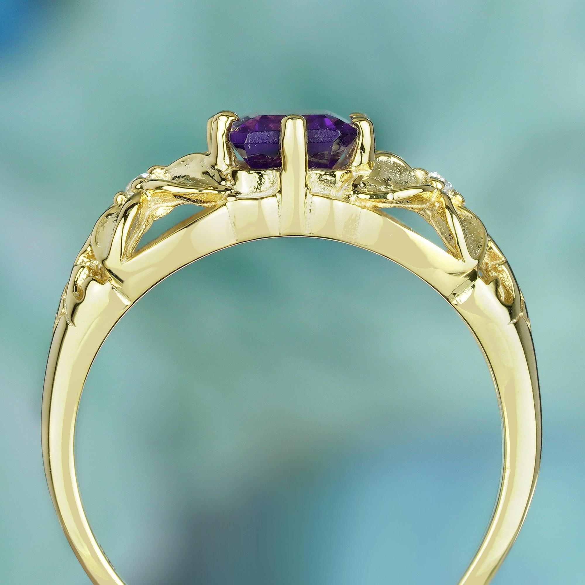 Natural Amethyst and Diamond Vintage Style Floral  Ring in Solid 9K Yellow Gold In New Condition For Sale In Bangkok, TH