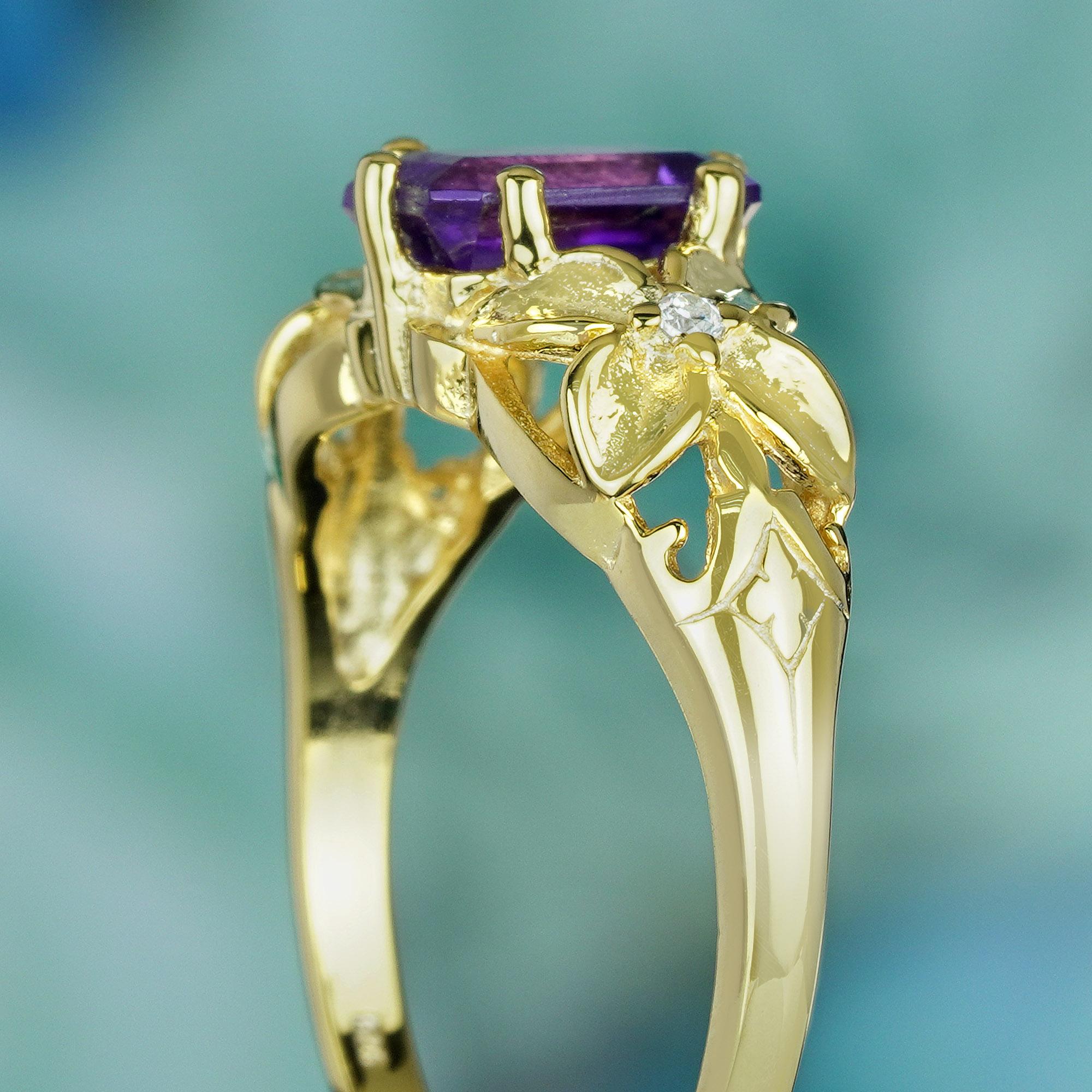 Women's Natural Amethyst and Diamond Vintage Style Floral  Ring in Solid 9K Yellow Gold For Sale