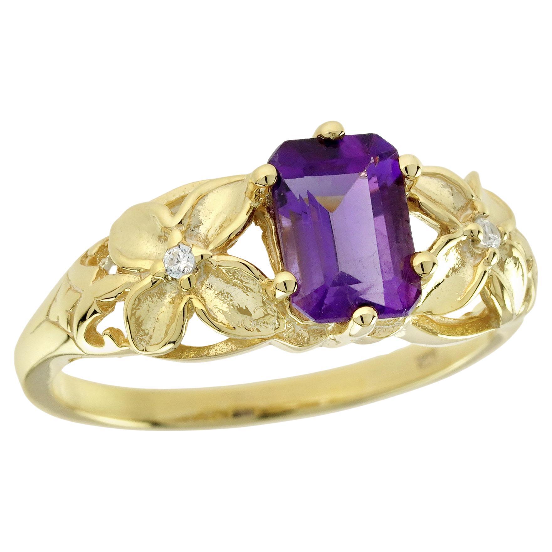 Natural Amethyst and Diamond Vintage Style Floral  Ring in Solid 9K Yellow Gold For Sale