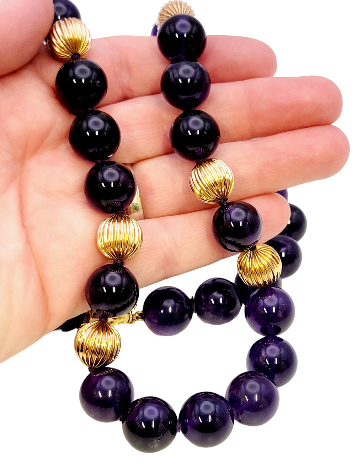 Natural Amethyst and Fluted Rose Gold Single Strand Beaded Necklace For Sale 7