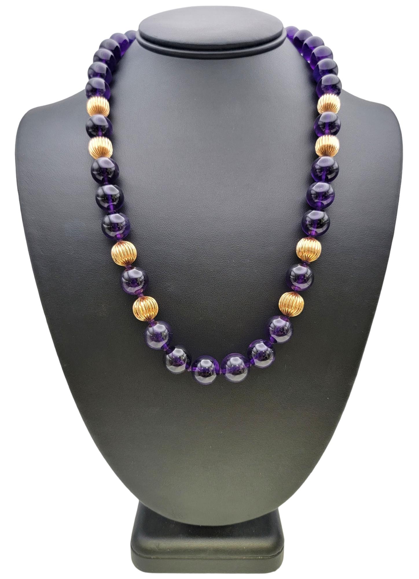 Natural Amethyst and Fluted Rose Gold Single Strand Beaded Necklace For Sale 8