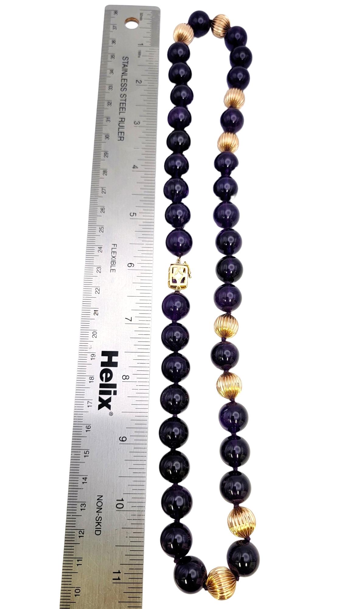 Natural Amethyst and Fluted Rose Gold Single Strand Beaded Necklace For Sale 9