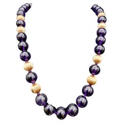 Natural Amethyst and Fluted 14K Rose Gold Single Strand Chunky Beaded Necklace