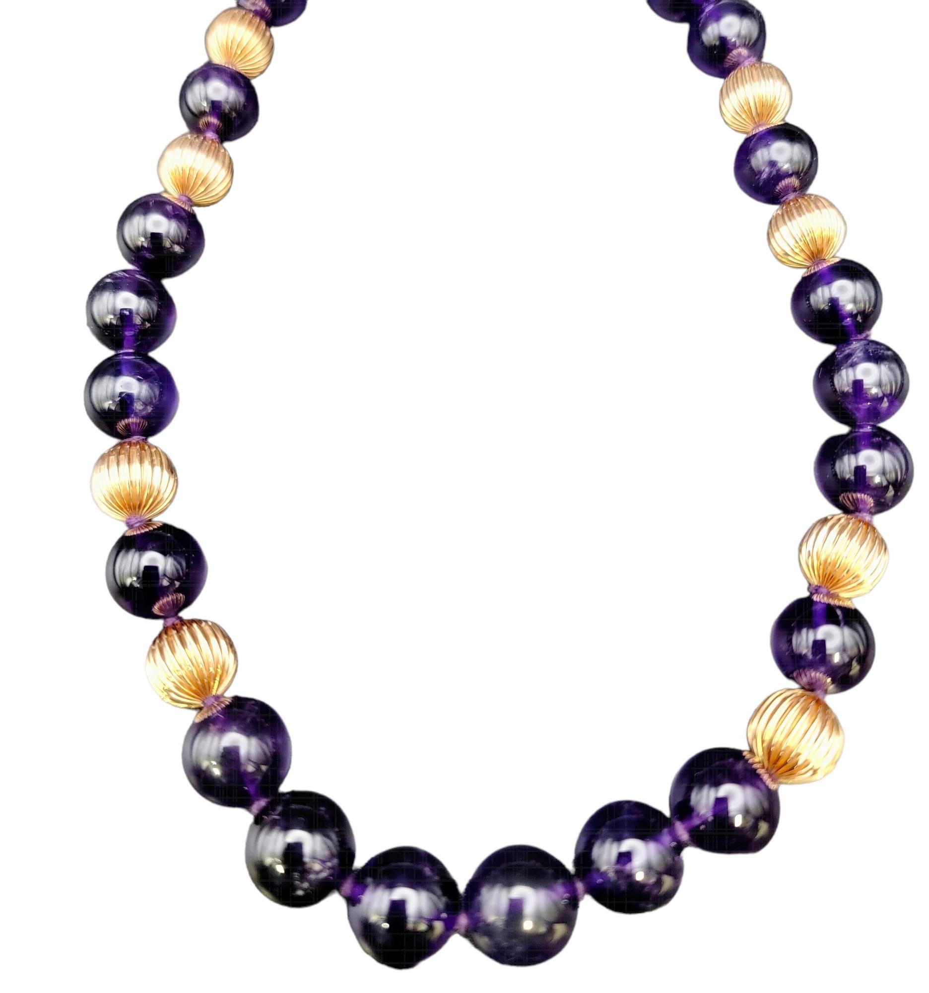 Contemporary Natural Amethyst and Fluted Rose Gold Single Strand Beaded Necklace For Sale