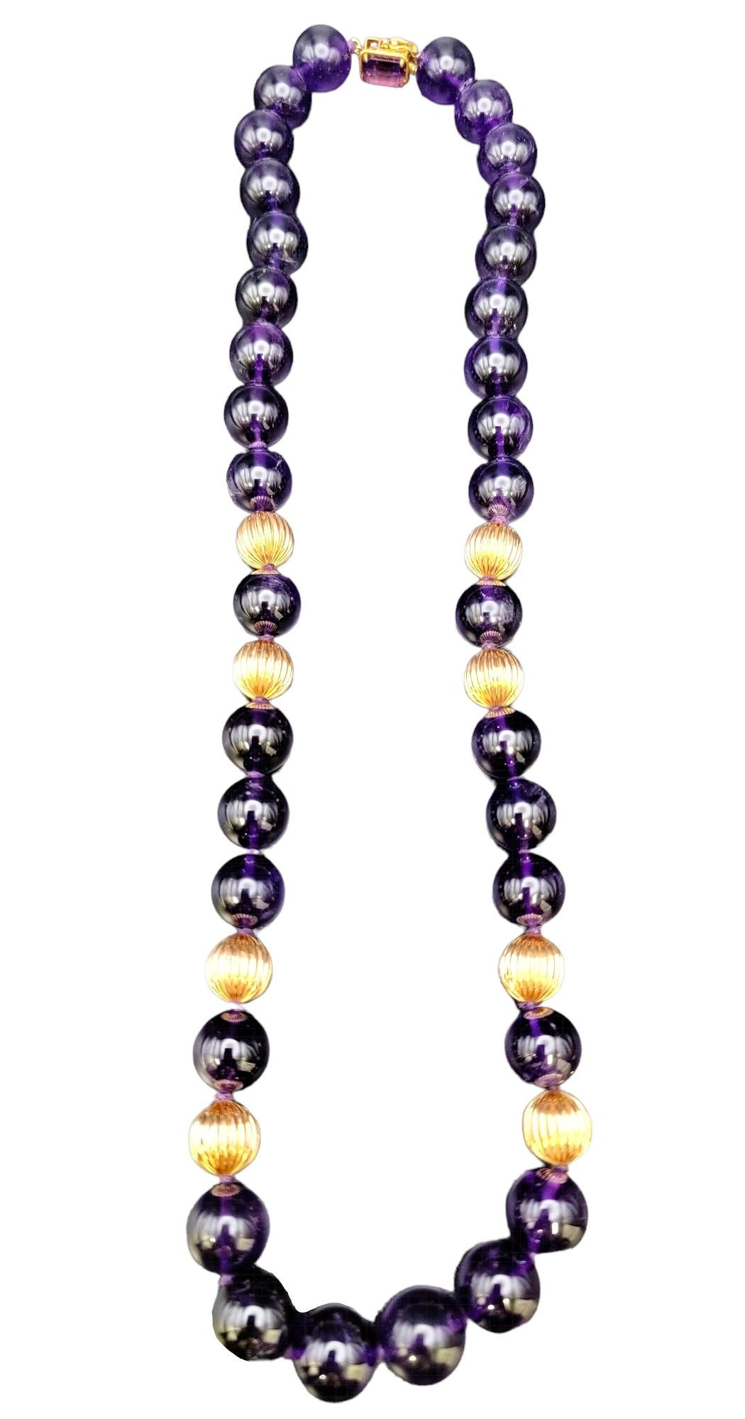 Natural Amethyst and Fluted Rose Gold Single Strand Beaded Necklace In Good Condition For Sale In Scottsdale, AZ