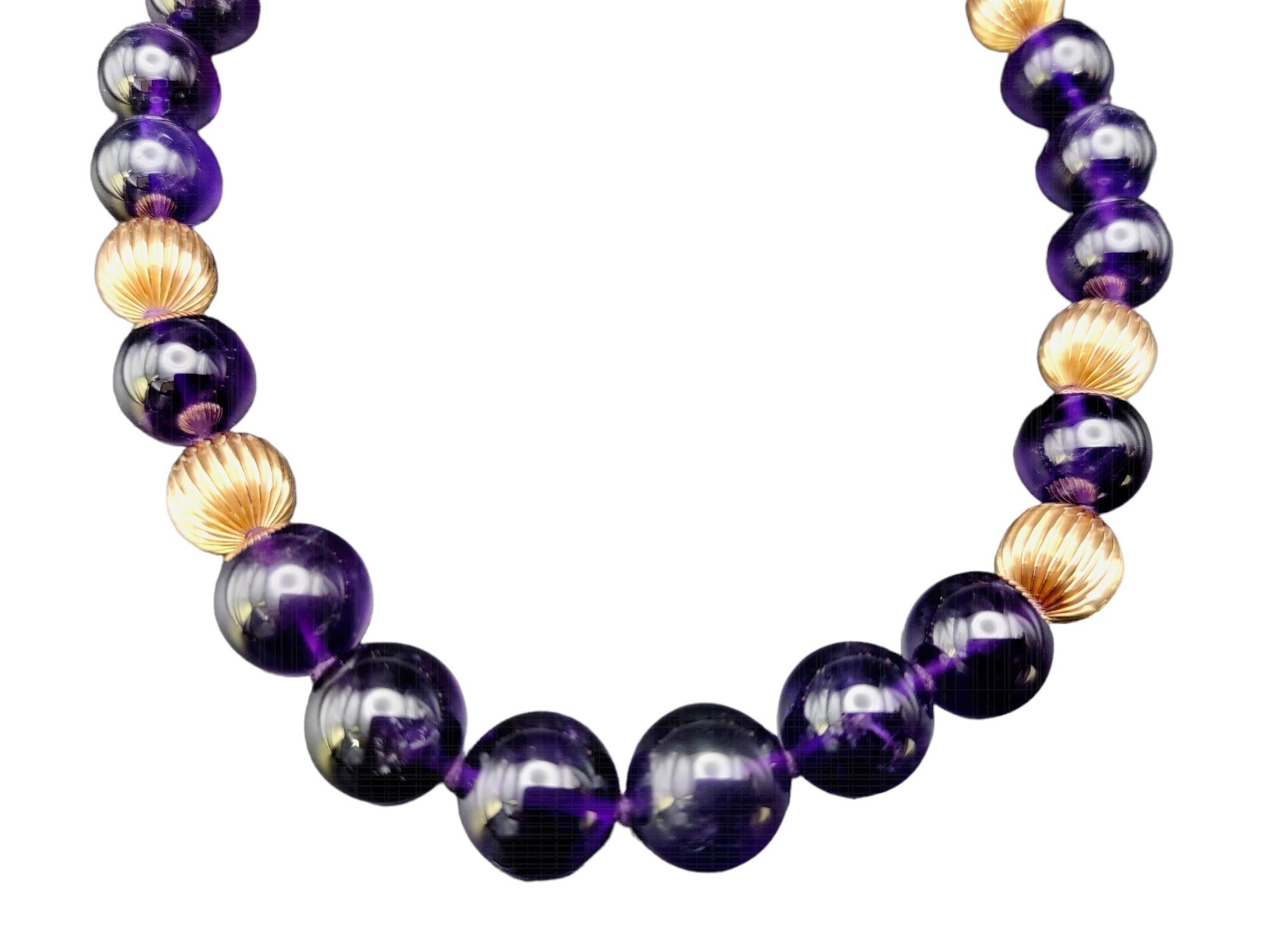 Women's Natural Amethyst and Fluted Rose Gold Single Strand Beaded Necklace For Sale