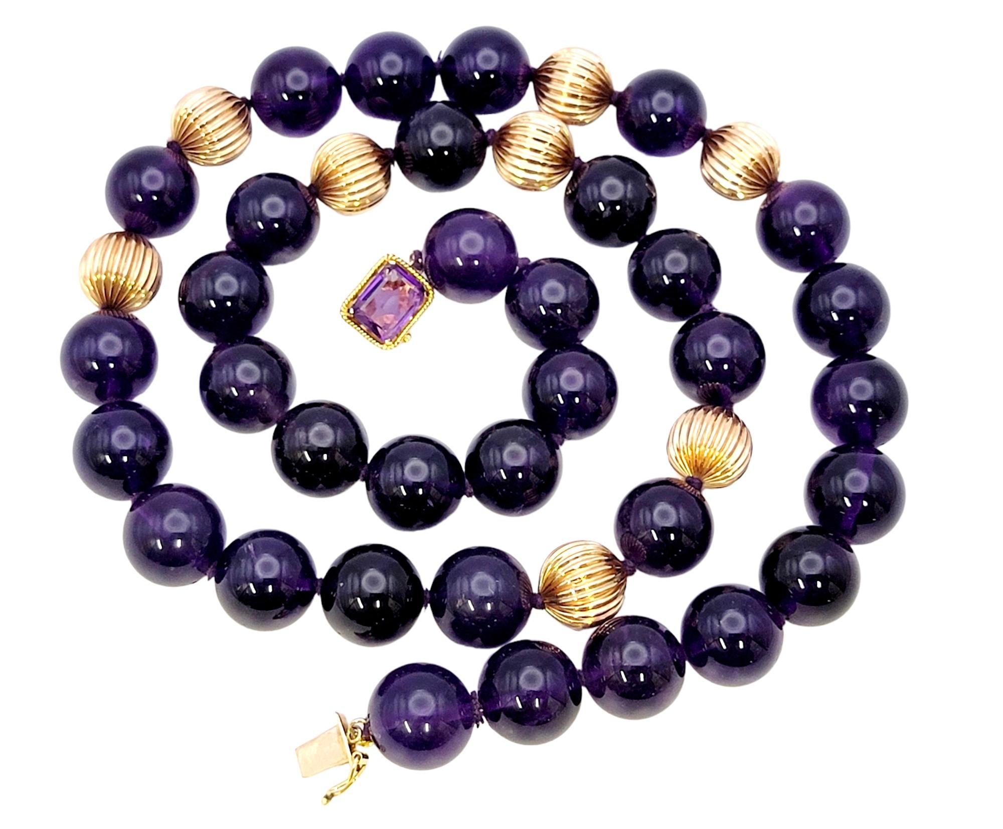 Natural Amethyst and Fluted Rose Gold Single Strand Beaded Necklace For Sale 1