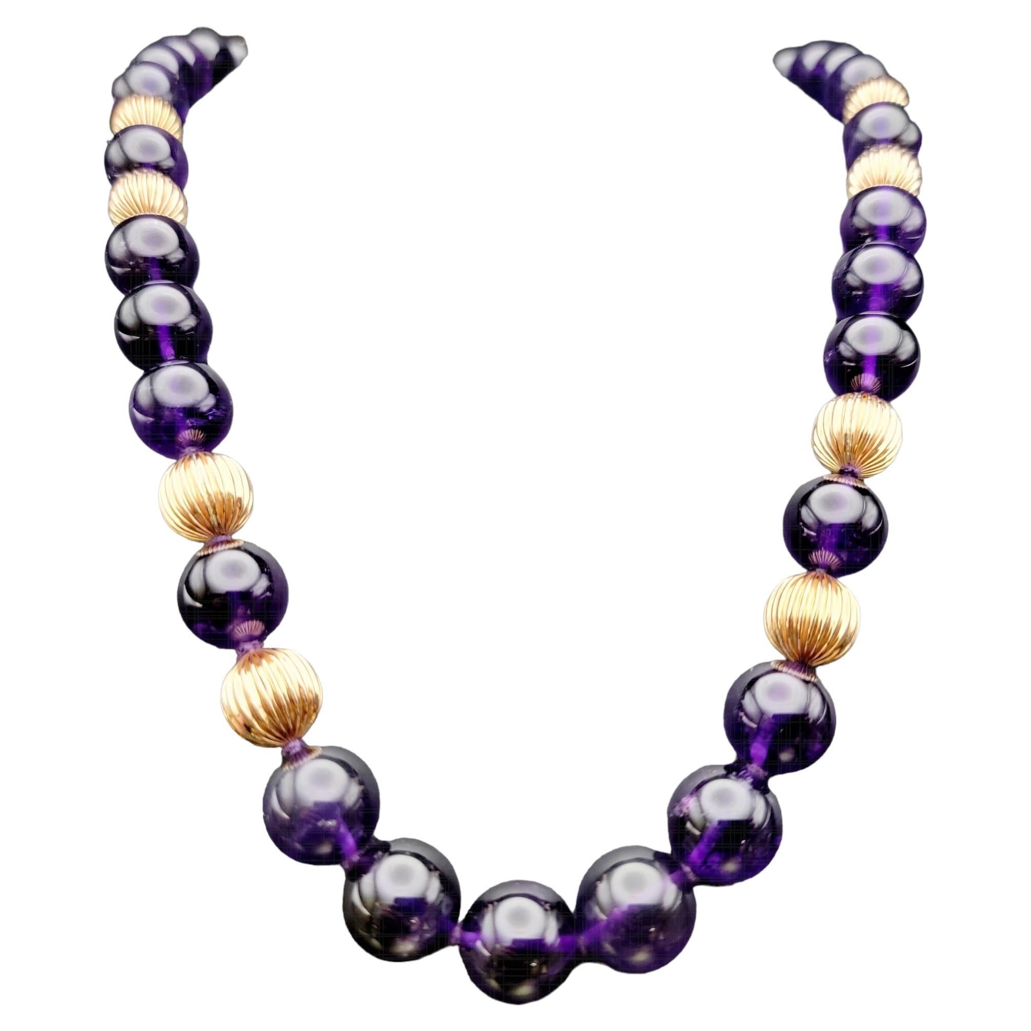 Natural Amethyst and Fluted Rose Gold Single Strand Beaded Necklace For Sale
