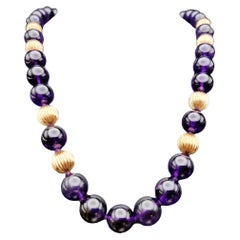 Natural Amethyst and Fluted Rose Gold Single Strand Beaded Necklace
