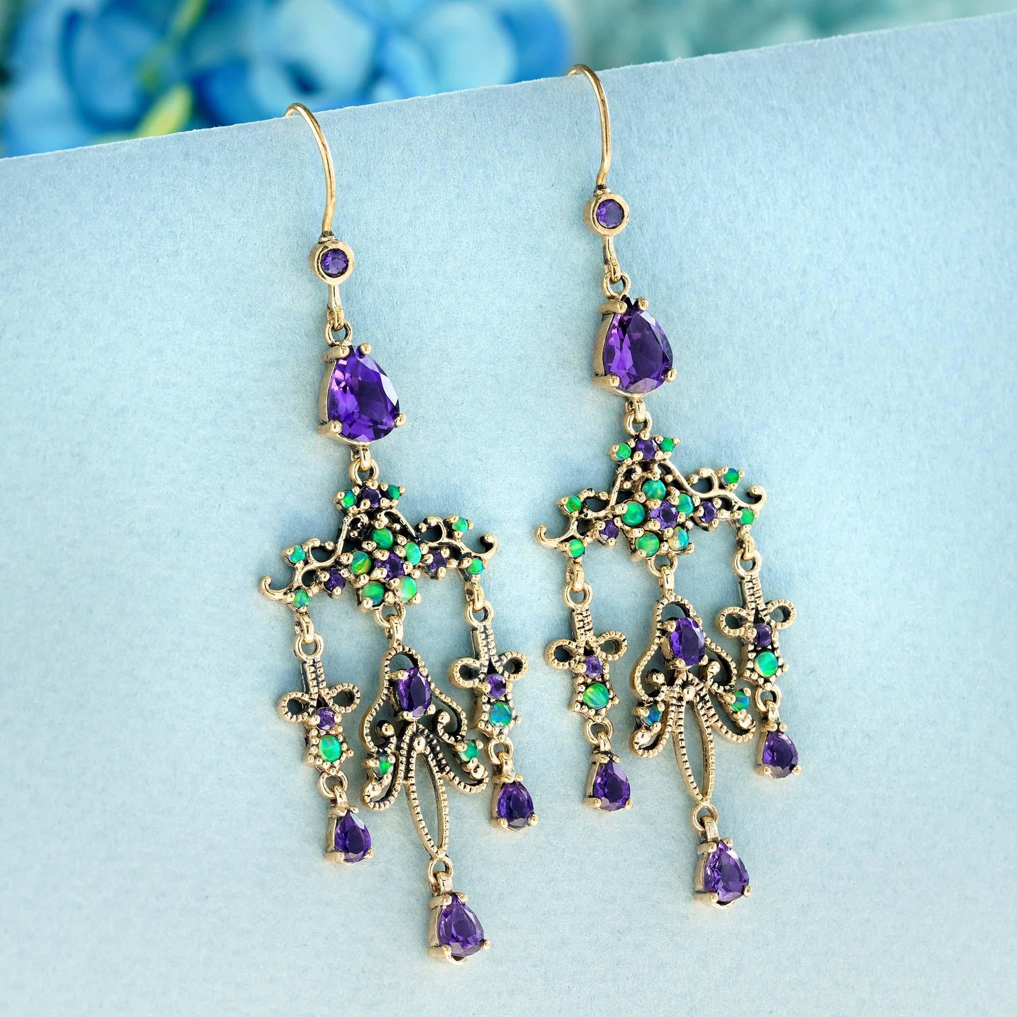 Victorian Natural Amethyst and Opal Vintage Style Chandelier Earrings in Solid 9K Gold For Sale