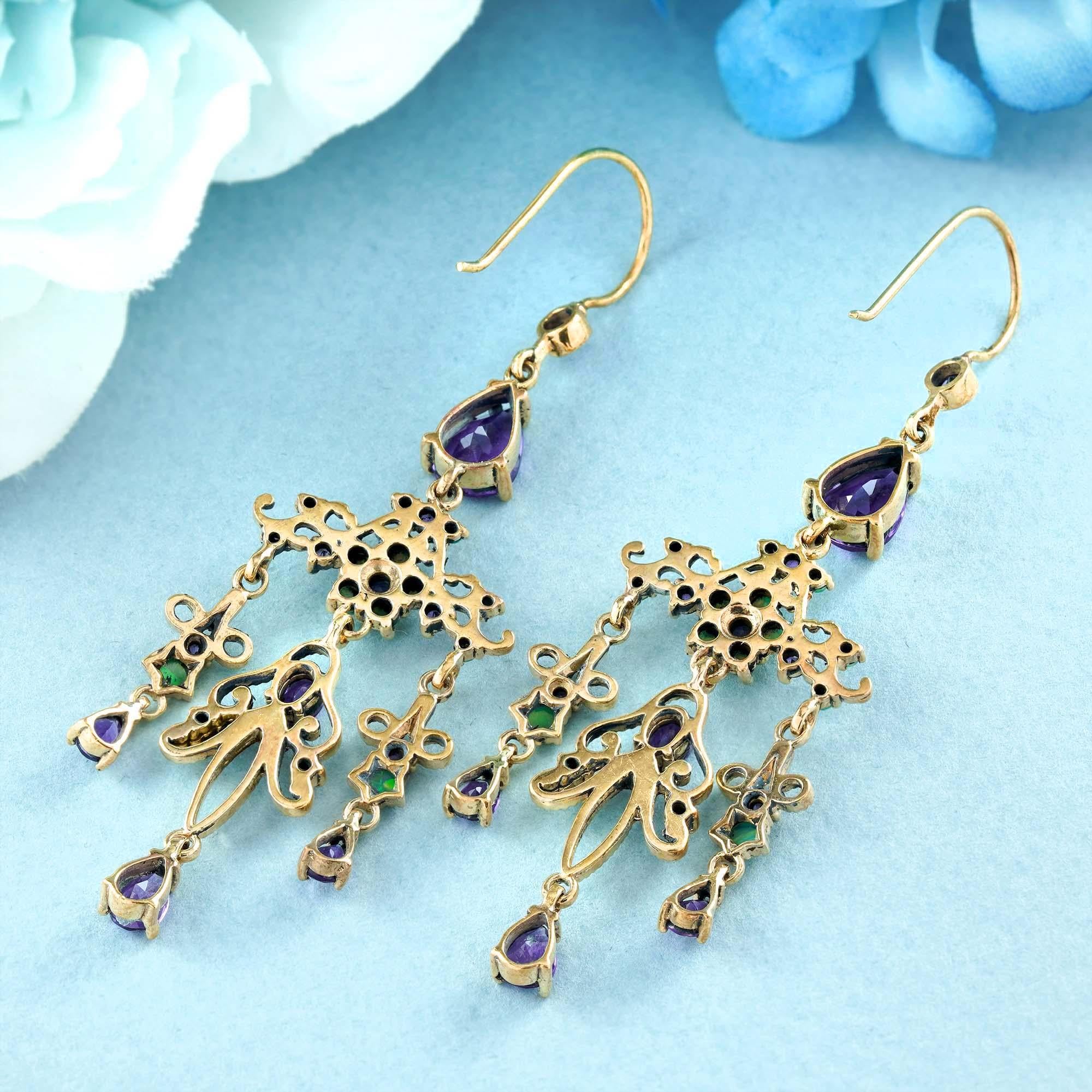 Pear Cut Natural Amethyst and Opal Vintage Style Chandelier Earrings in Solid 9K Gold For Sale