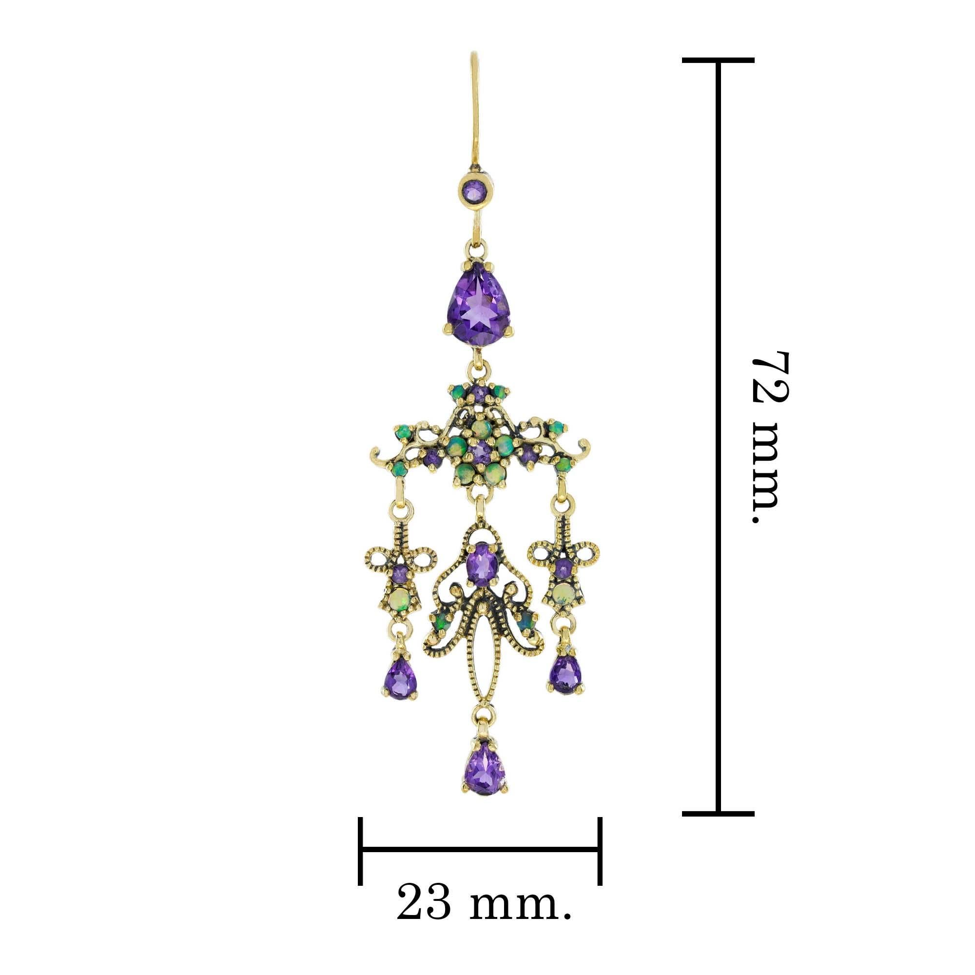 Natural Amethyst and Opal Vintage Style Chandelier Earrings in Solid 9K Gold In New Condition For Sale In Bangkok, TH