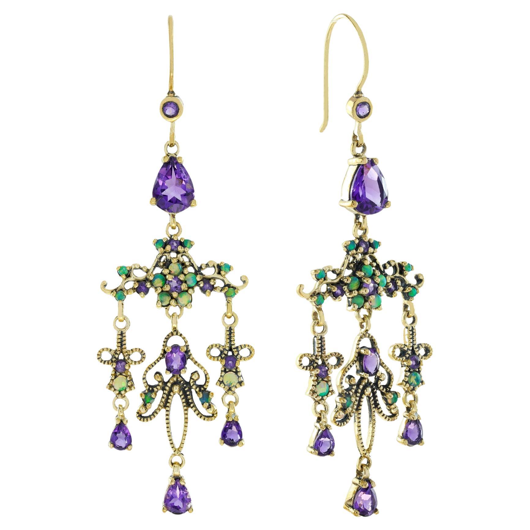 Natural Amethyst and Opal Vintage Style Chandelier Earrings in Solid 9K Gold For Sale