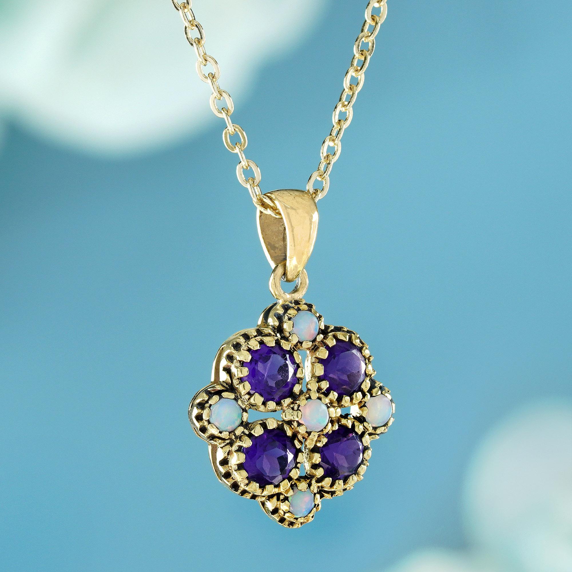 Edwardian Natural Amethyst and Opal Vintage Style Floral Pendant in 9K Yellow Gold For Sale