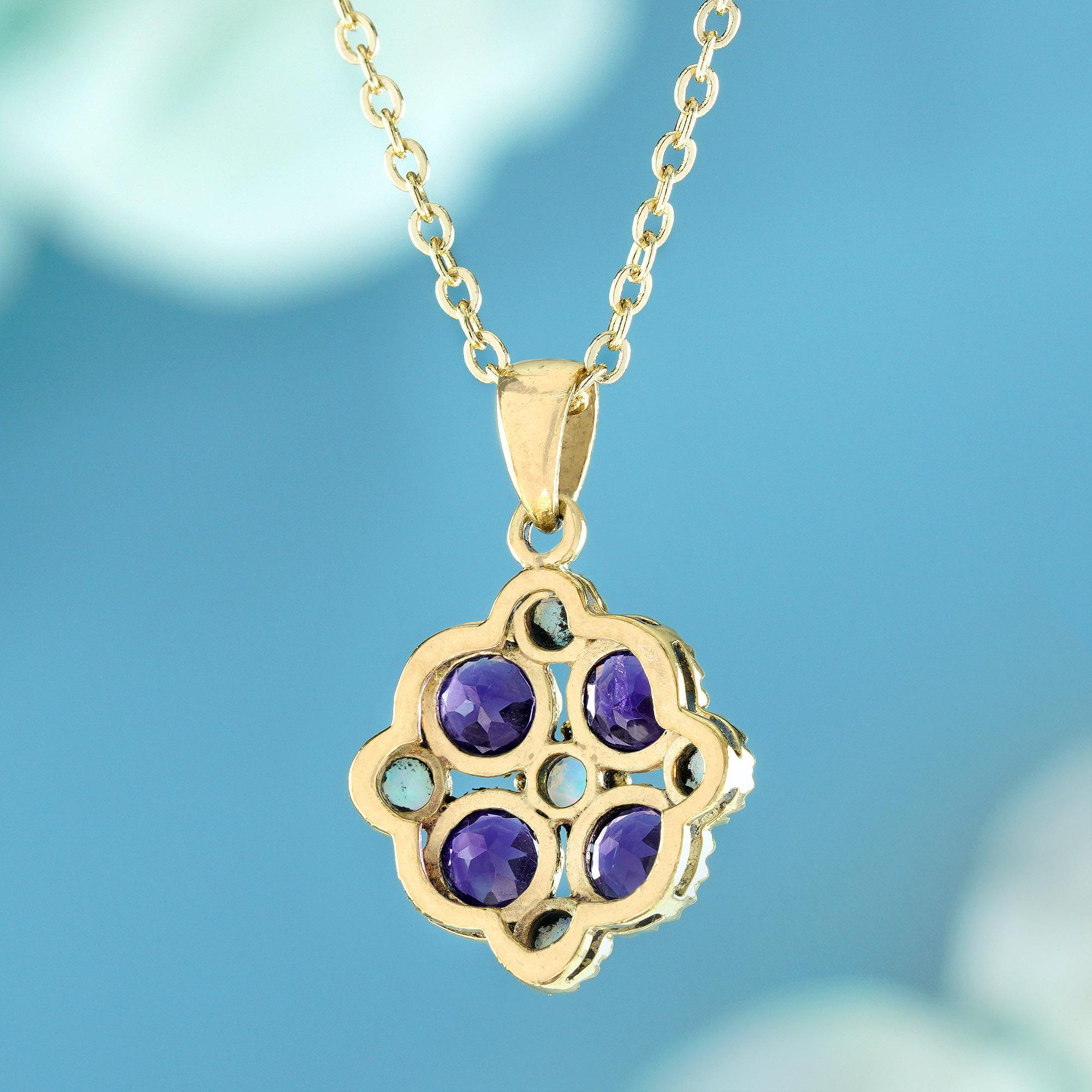Round Cut Natural Amethyst and Opal Vintage Style Floral Pendant in 9K Yellow Gold For Sale