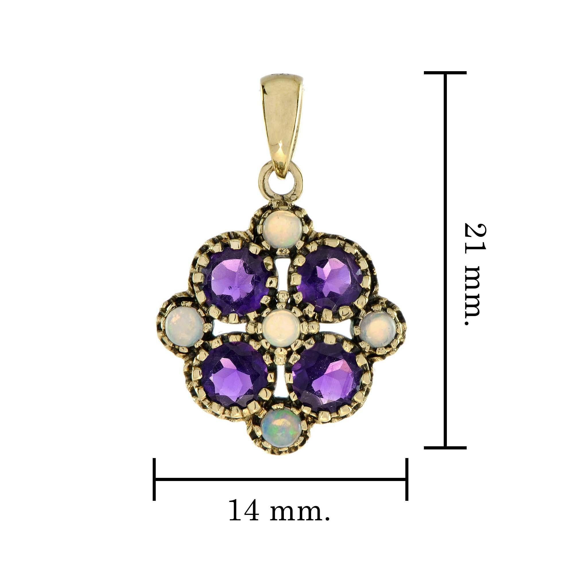 Natural Amethyst and Opal Vintage Style Floral Pendant in 9K Yellow Gold In New Condition For Sale In Bangkok, TH