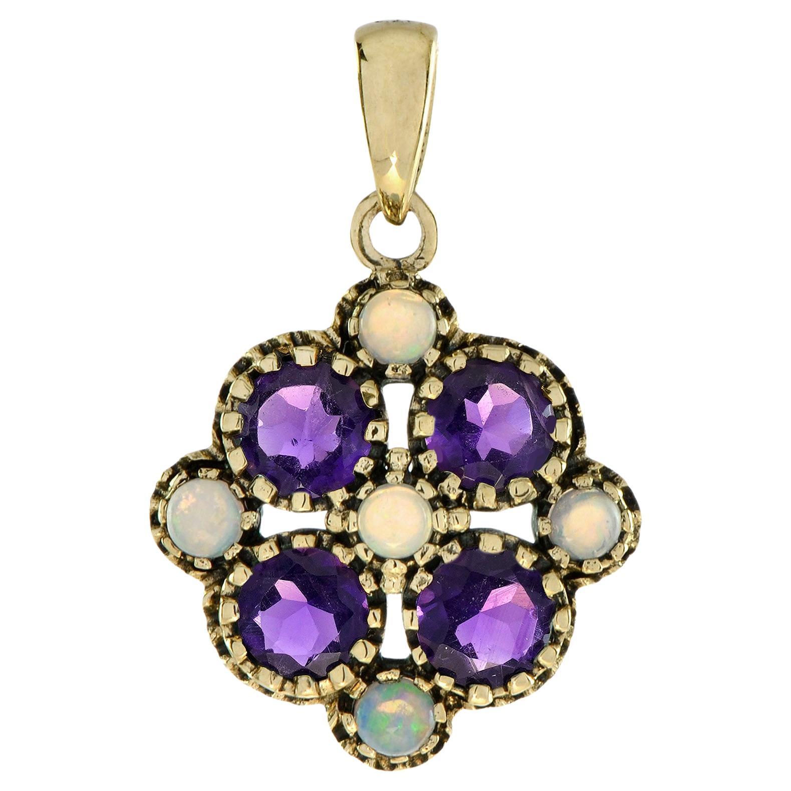 Natural Amethyst and Opal Vintage Style Floral Pendant in 9K Yellow Gold For Sale