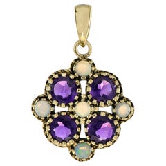Natural Amethyst and Opal Vintage Style Floral Pendant in 9K Yellow Gold