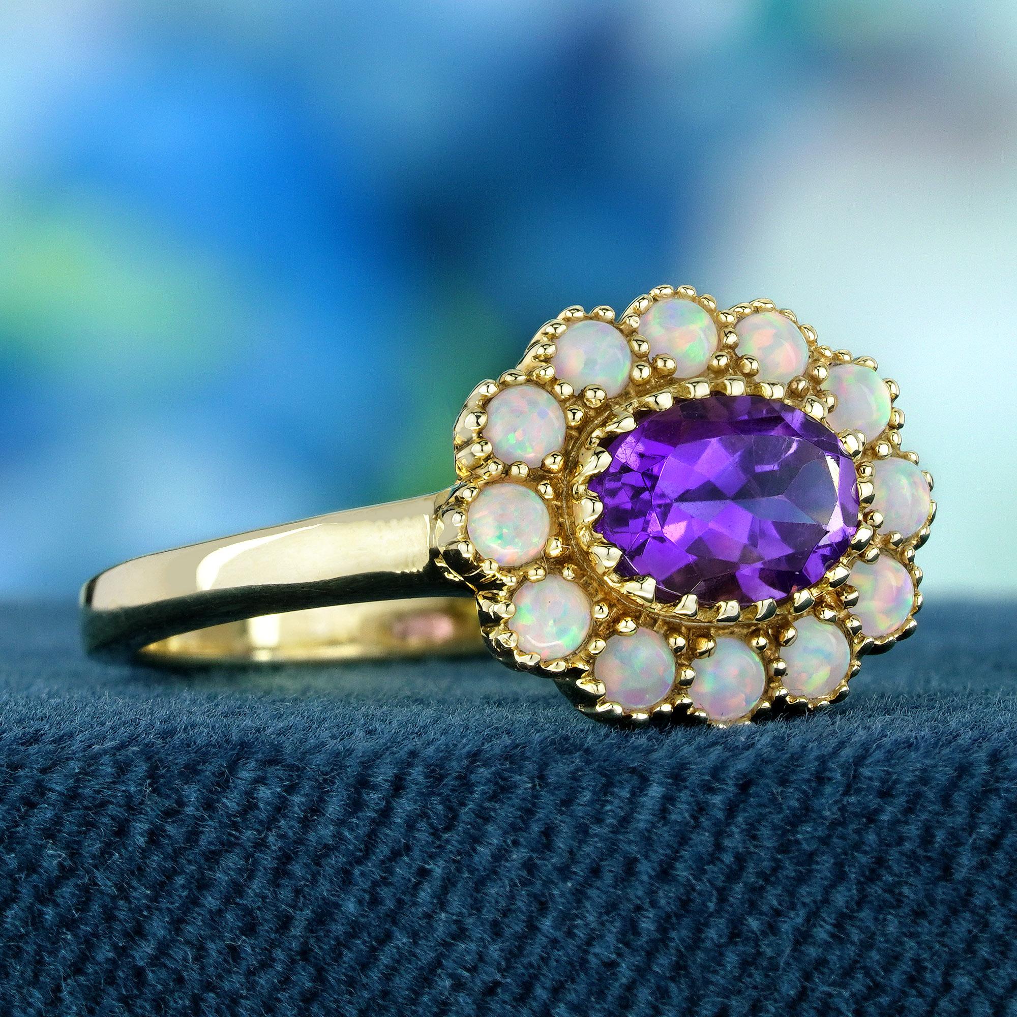 Édouardien Bague florale de style vintage en or jaune 9 carats, améthyste naturelle et opale