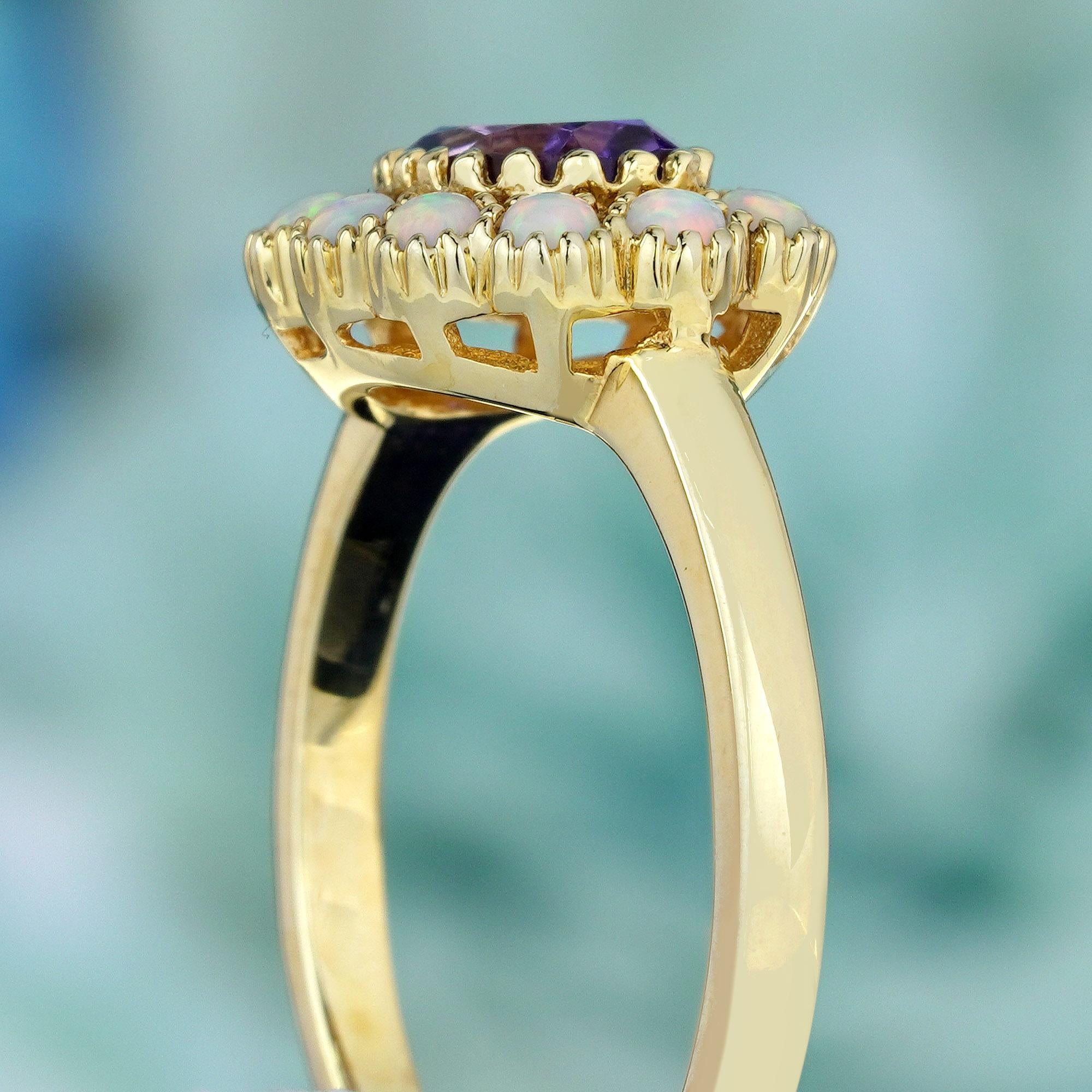 Natürliche Amethyst und Opal Vintage Style Floral Ring in massivem 9K Gelbgold Damen im Angebot
