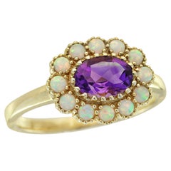 Natural Amethyst and Opal Vintage Style Floral Ring in Solid 9K Yellow Gold