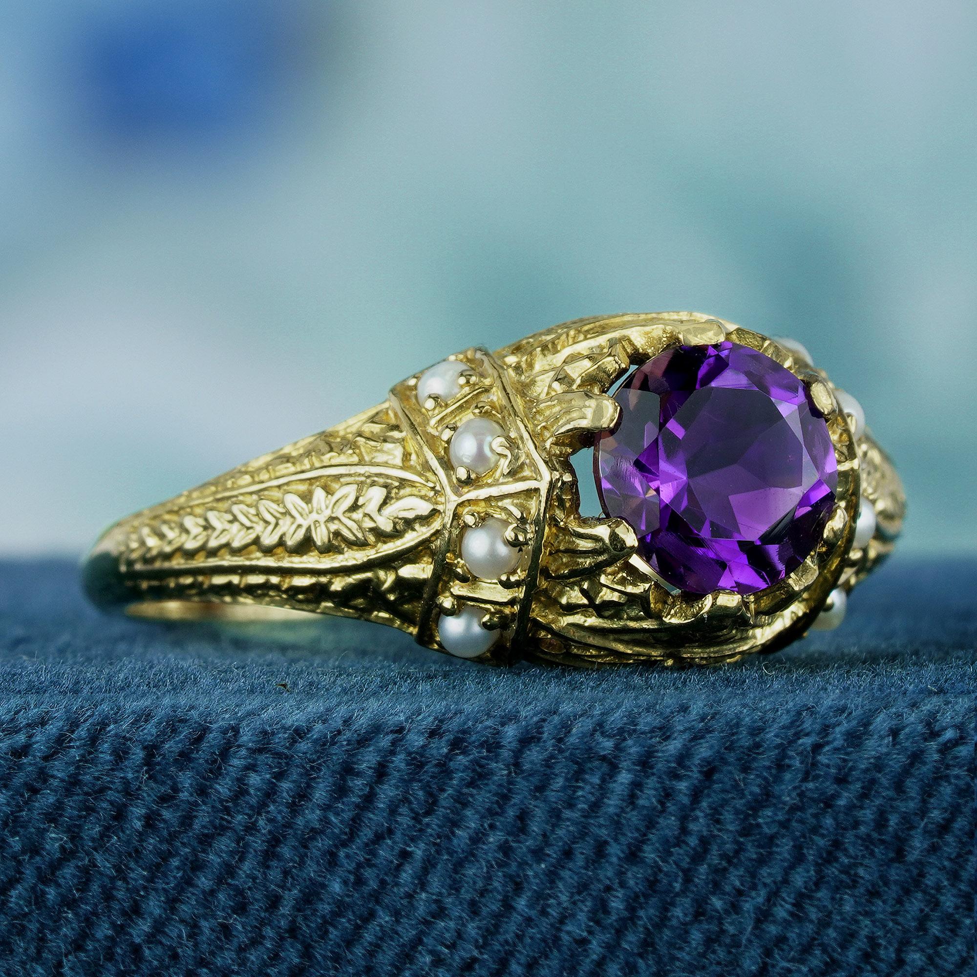 Meticulously crafted from intricately carved yellow gold, this enchanting vintage-inspired ring envelops the central round purple amethyst with timeless grace. Along each side of the carving, four cascading round white pearls delicately dance within
