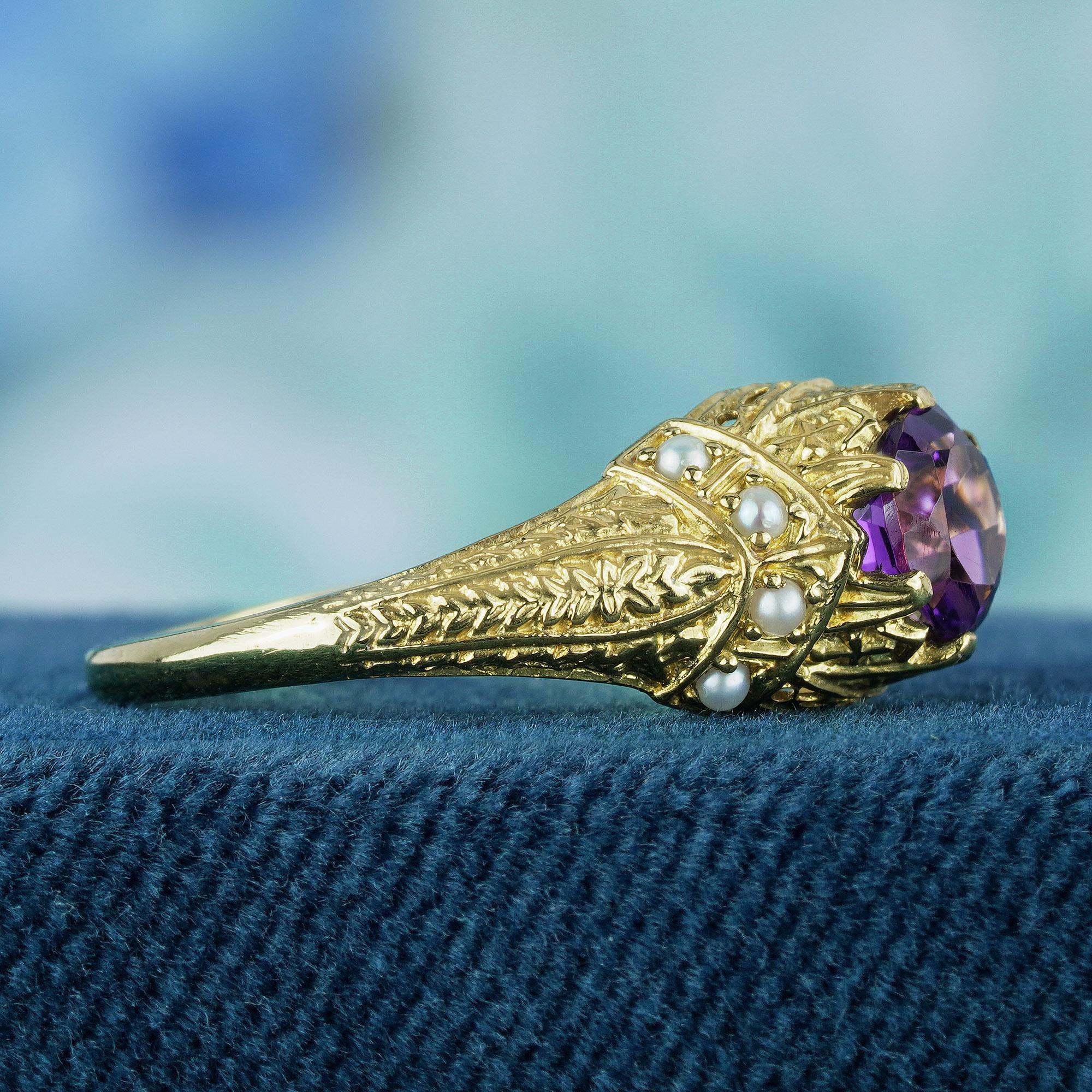 Round Cut Natural Amethyst and Pearl Vintage Style Carved Solitaire Ring in Solid 9K Gold For Sale
