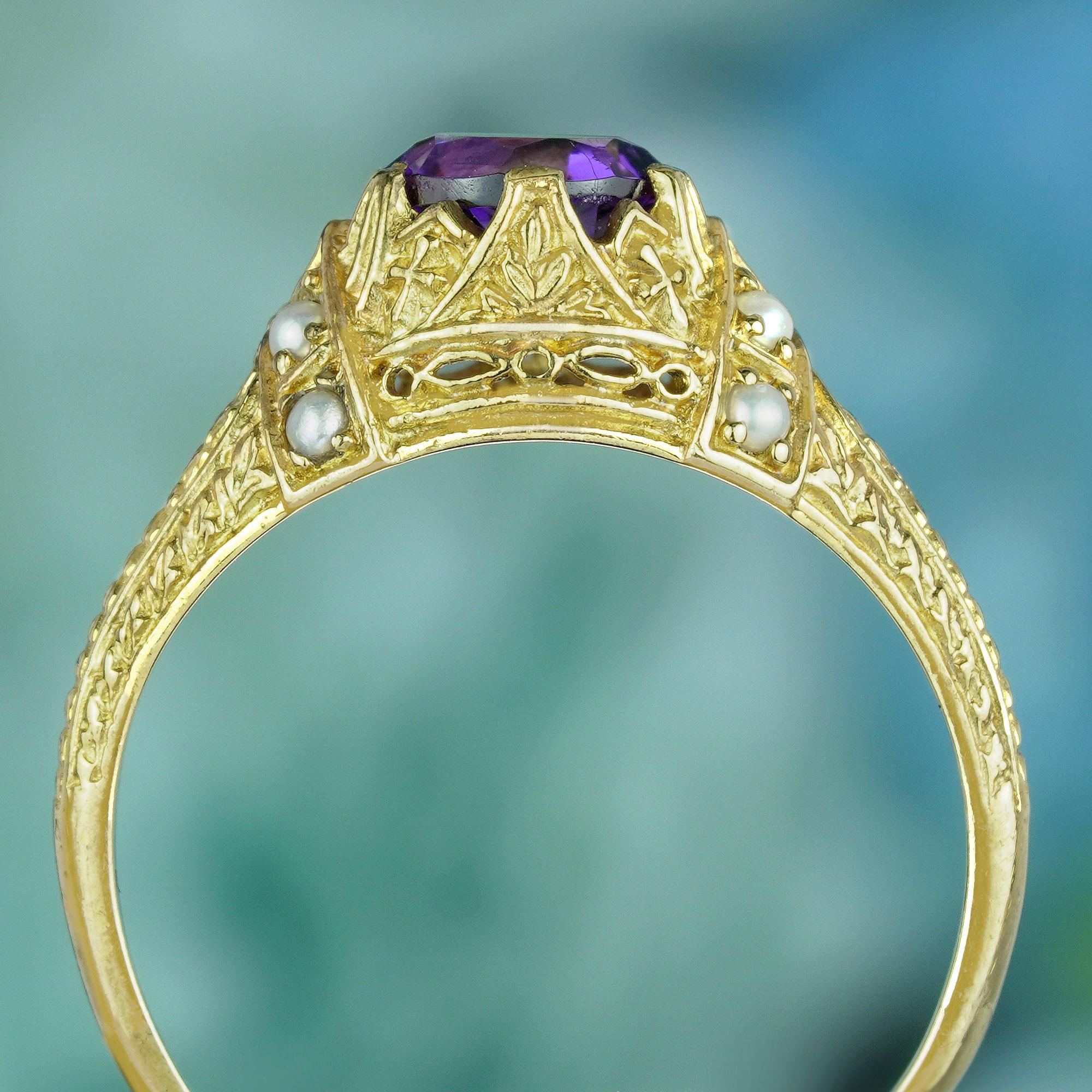 Natural Amethyst and Pearl Vintage Style Carved Solitaire Ring in Solid 9K Gold In New Condition For Sale In Bangkok, TH